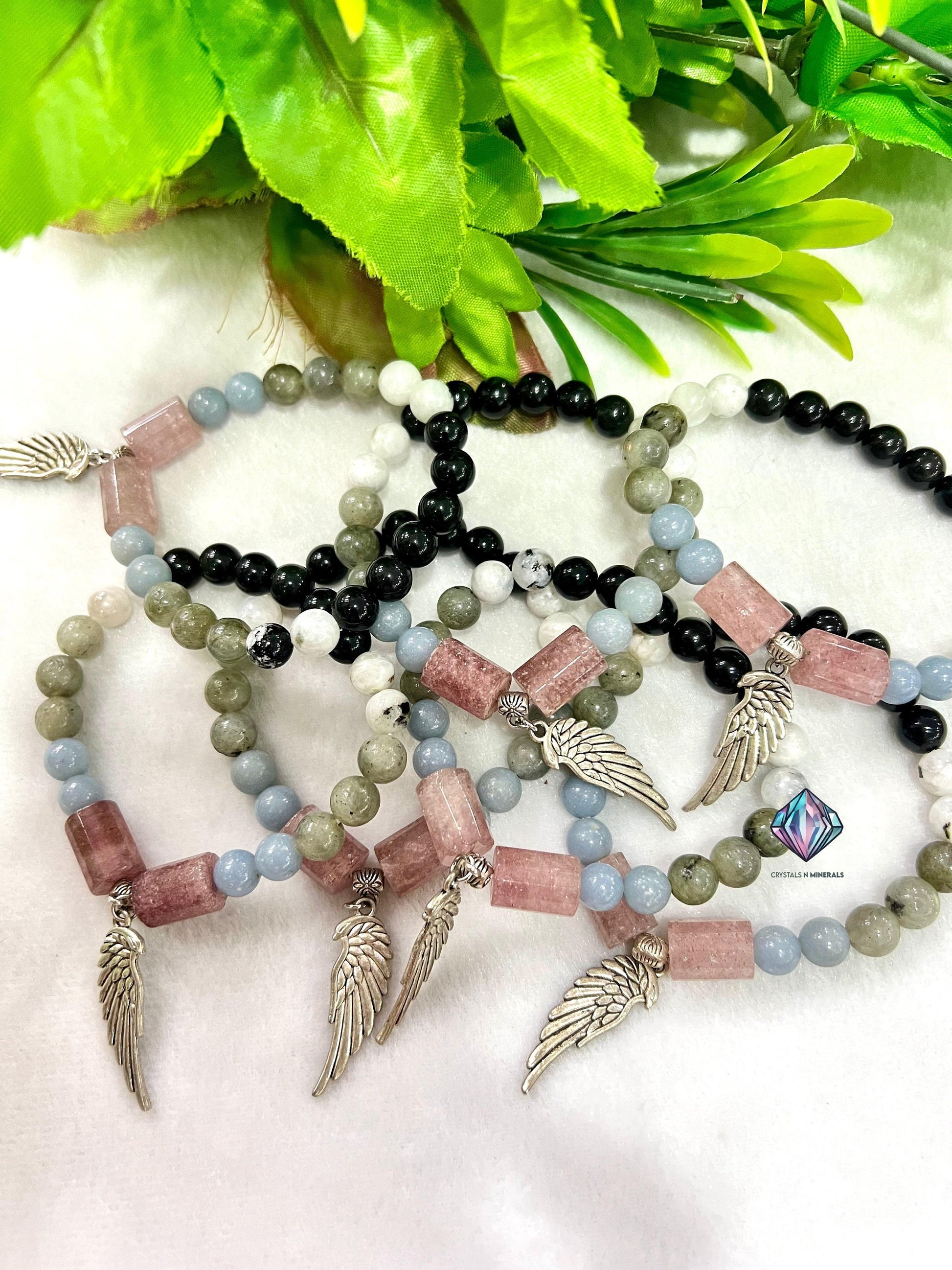 Guardian Angel Stone Rainbow Moonstone ,Strawberry Quartz ,Angelite ,Labradorite ,Rainbow Obsidian Stone Bracelet 8 mm with Angel Wing Charm