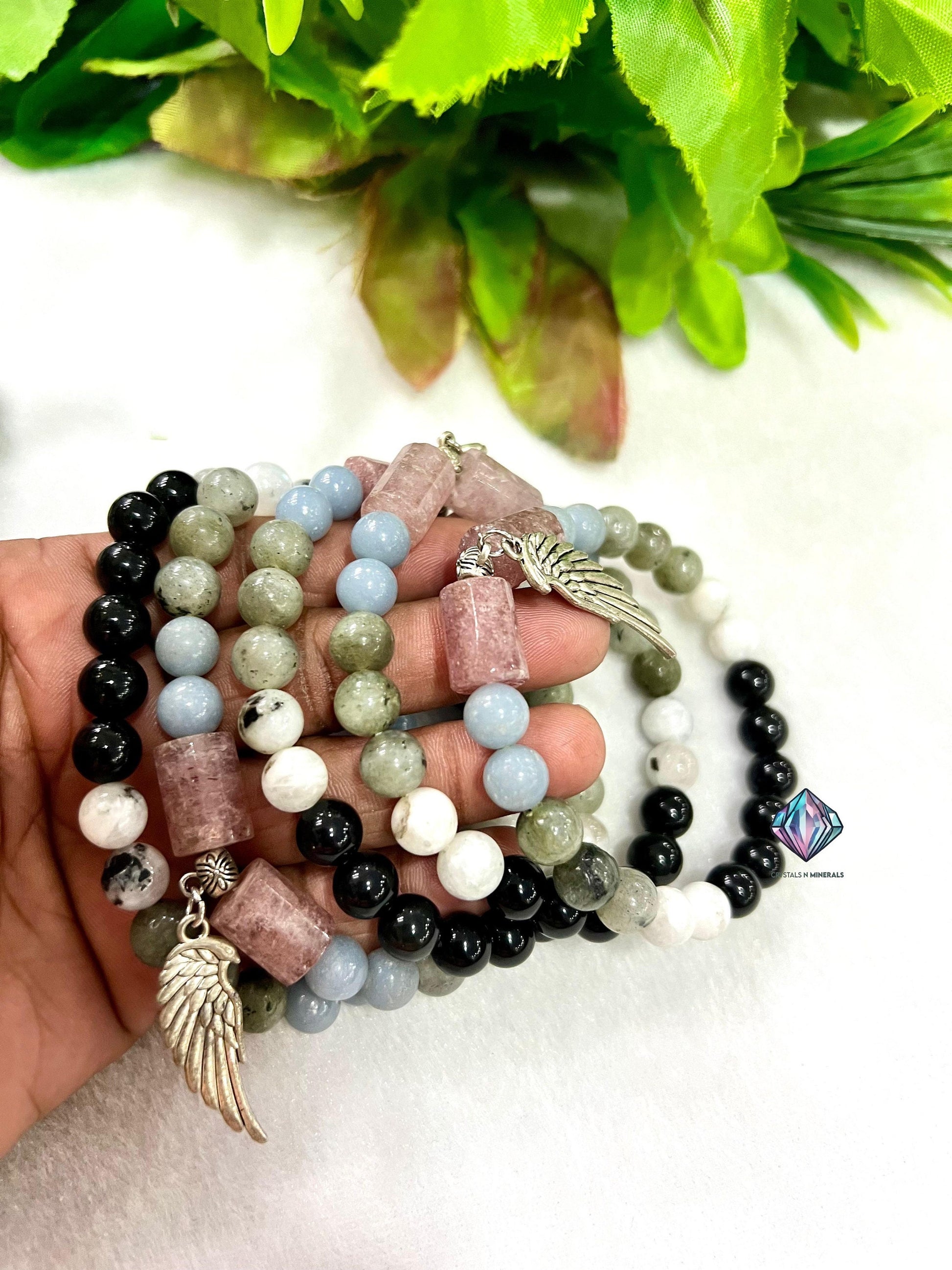 Guardian Angel Stone Rainbow Moonstone ,Strawberry Quartz ,Angelite ,Labradorite ,Rainbow Obsidian Stone Bracelet 8 mm with Angel Wing Charm