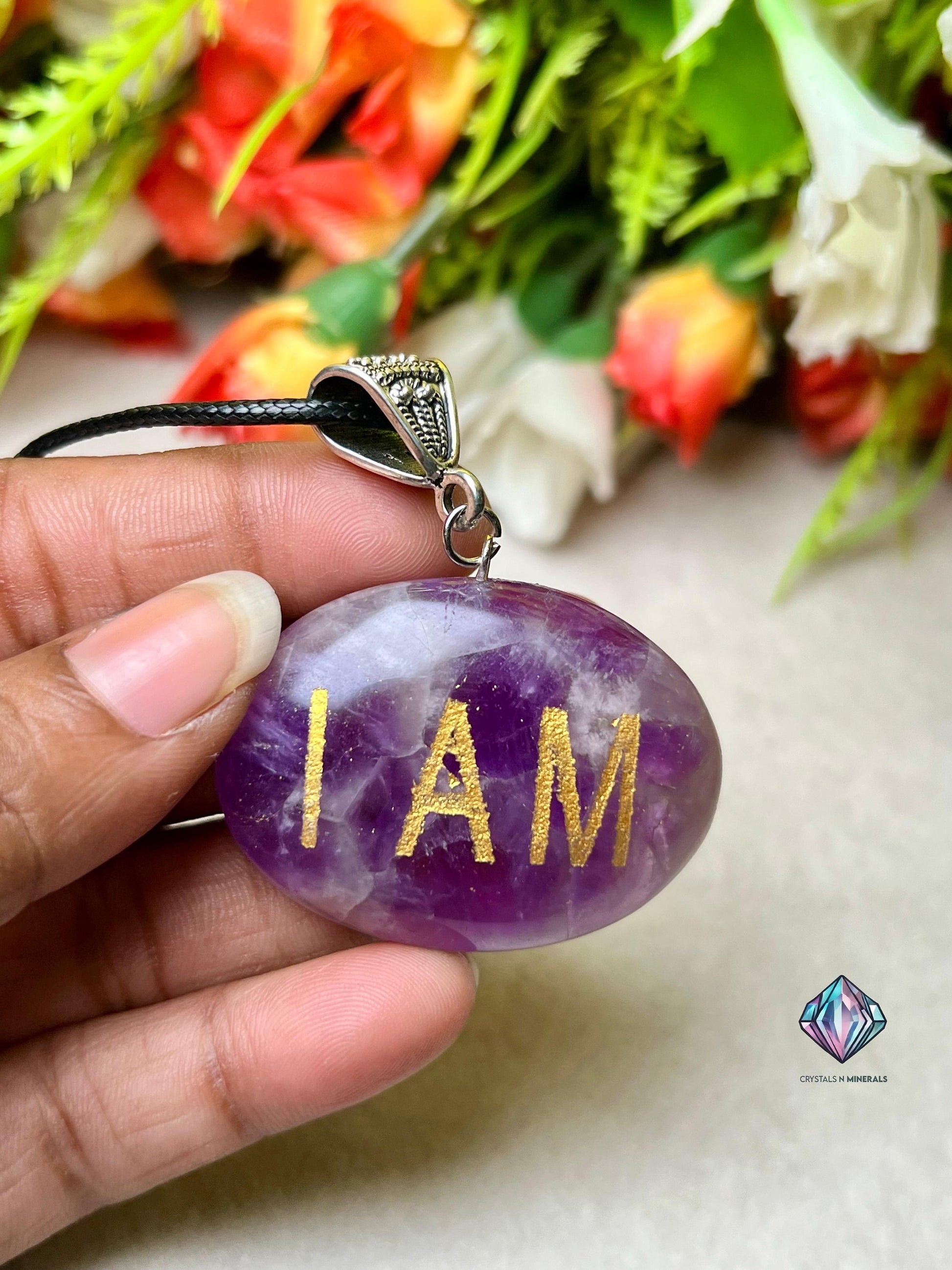 Amethyst Stone "I AM" Spiritual Connecting Healing Pendant With Black Cord