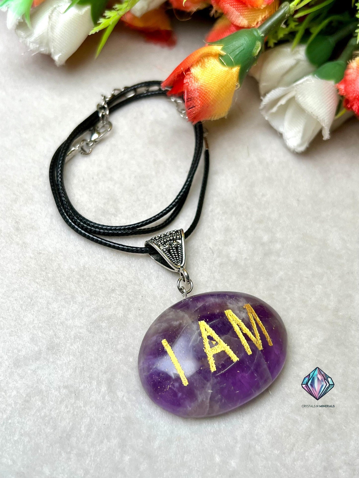 Amethyst Stone "I AM" Spiritual Connecting Healing Pendant With Black Cord