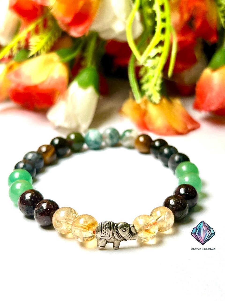 Good Luck Stone Moss Agate , Tiger's Eye , Green Aventurine , Citrine , Garnet , Merlinite Stone Bracelet 8 mm with Elephant Charm