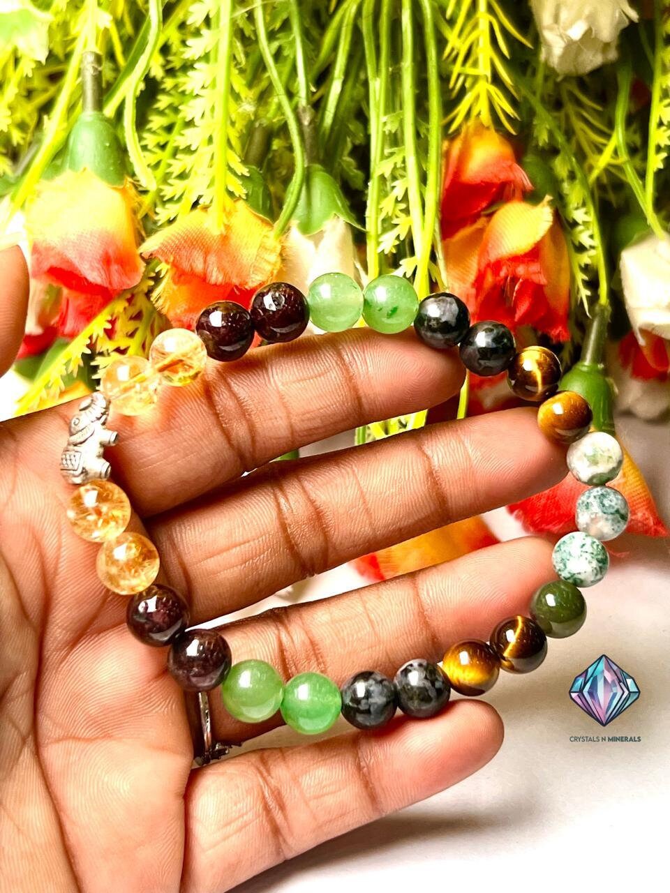 Good Luck Stone Moss Agate , Tiger's Eye , Green Aventurine , Citrine , Garnet , Merlinite Stone Bracelet 8 mm with Elephant Charm