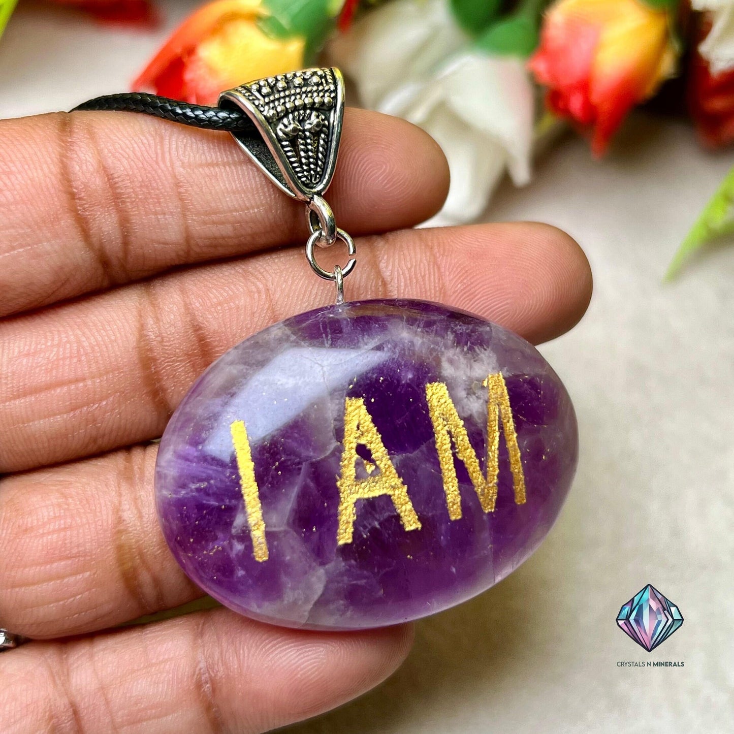 Amethyst Stone "I AM" Spiritual Connecting Healing Pendant With Black Cord