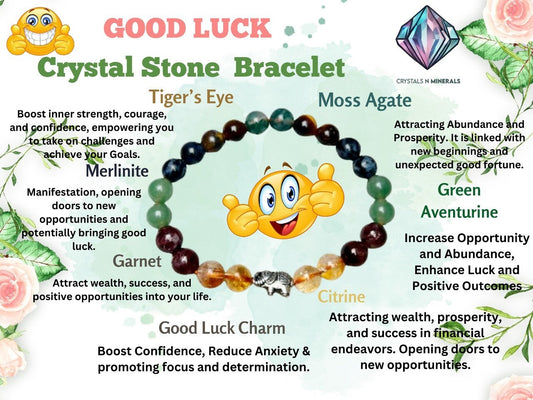 Good Luck Stone Moss Agate , Tiger's Eye , Green Aventurine , Citrine , Garnet , Merlinite Stone Bracelet 8 mm with Elephant Charm