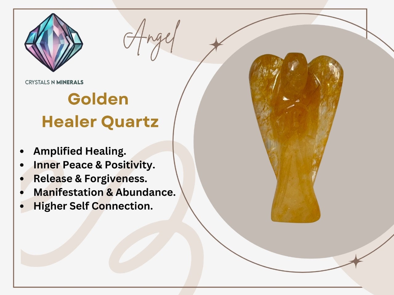 2" Golden Healer Quartz Stone ANGEL (1) Piece Free standing guardian Angel crystal Reiki energy blessed hand carved Angelic connection