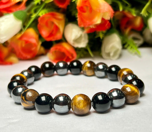 Men's TRIPLE Protection Stone Bracelet 10 mm Yellow Tiger's Eye , Hematite And Black Onyx