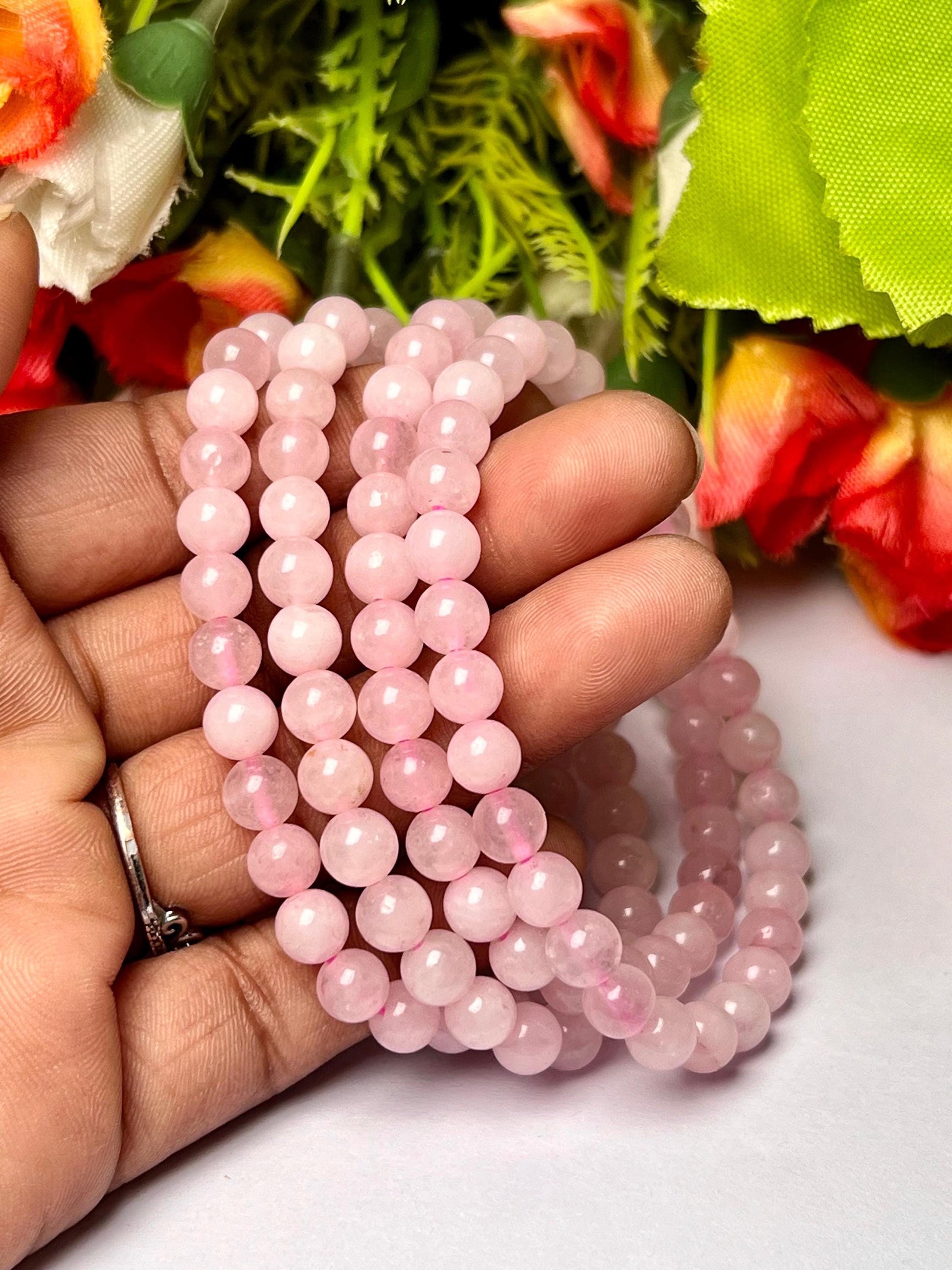 Rose Quartz Stone Round Beaded Bracelet 6 MM 8 MM 10 MM Stretch Bracelet