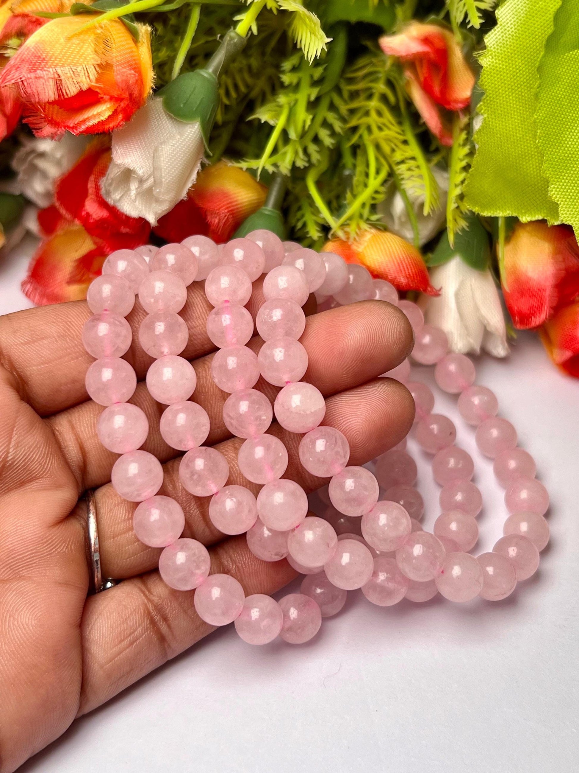 Rose Quartz Stone Round Beaded Bracelet 6 MM 8 MM 10 MM Stretch Bracelet