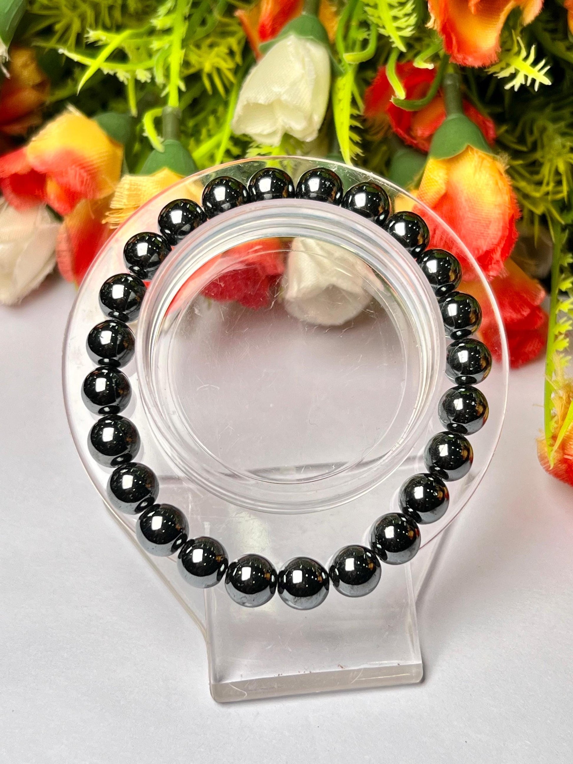 Hematite Stone Round Beaded Bracelet 6 MM 8 MM 10 MM Stretch Bracelet