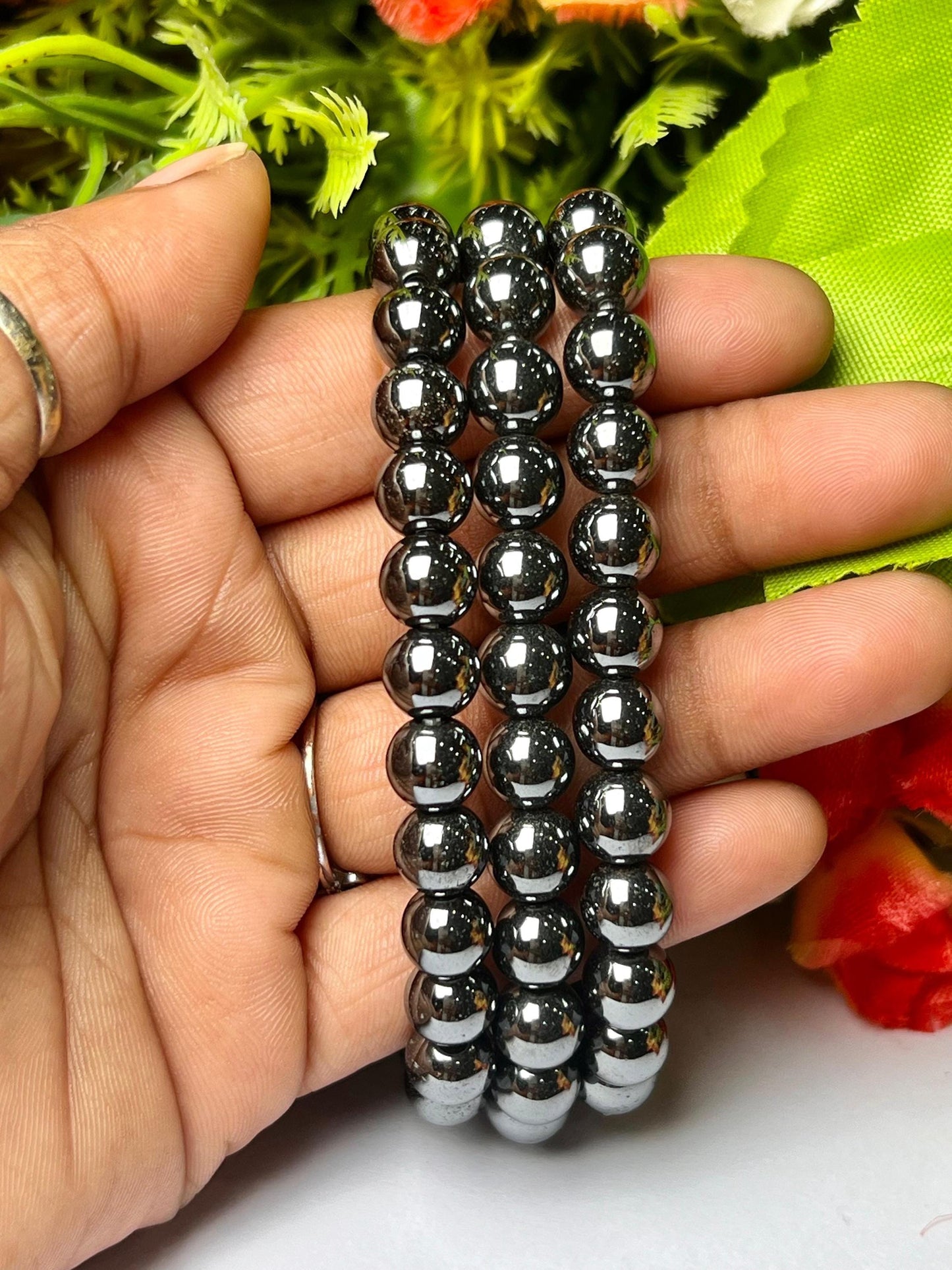 Hematite Stone Round Beaded Bracelet 6 MM 8 MM 10 MM Stretch Bracelet