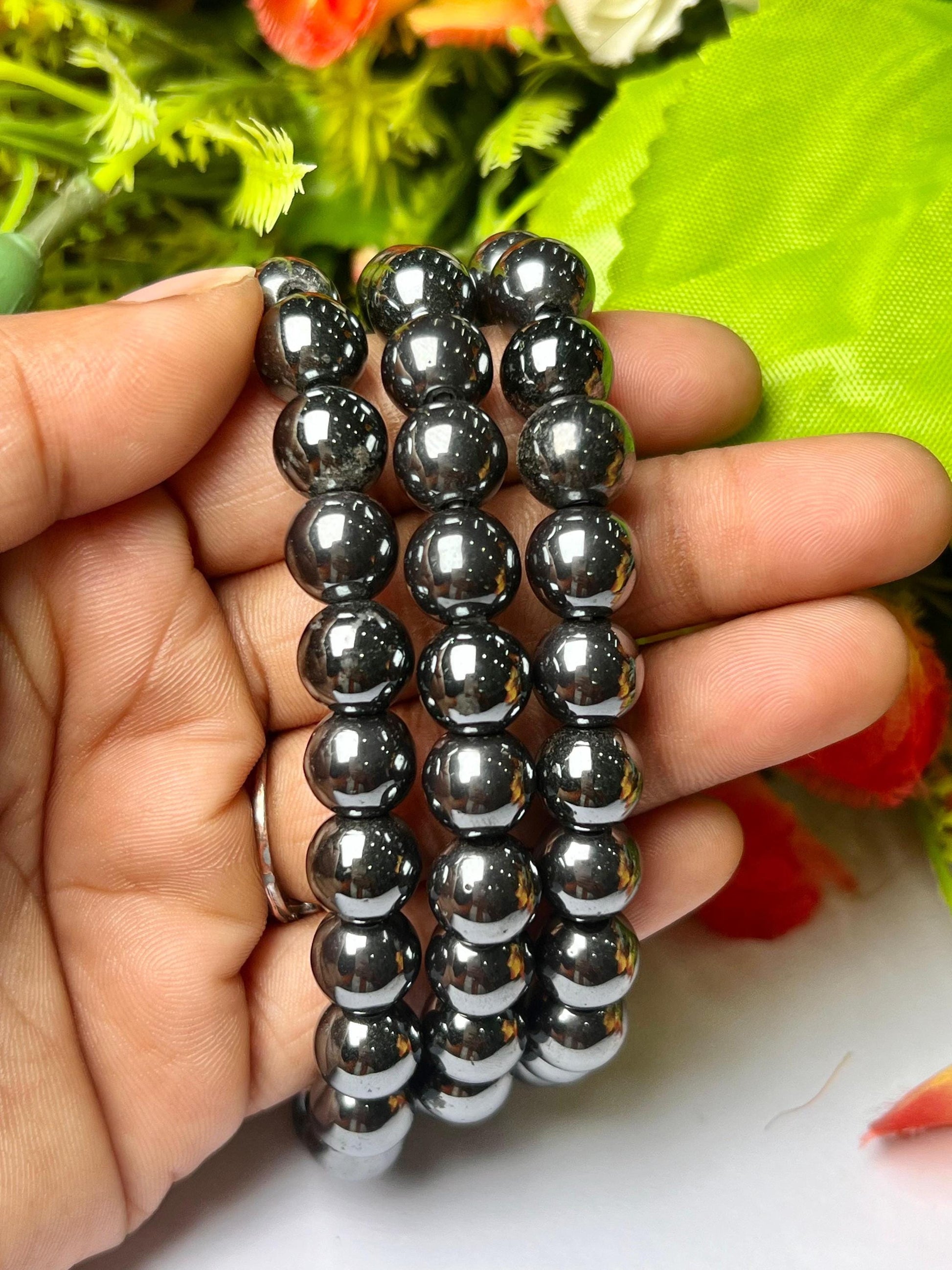 Hematite Stone Round Beaded Bracelet 6 MM 8 MM 10 MM Stretch Bracelet