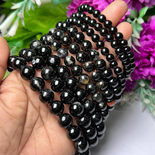 Black Tourmaline Stone Round Beaded Bracelet 6 MM 8 MM 10 MM Stretch Bracelet