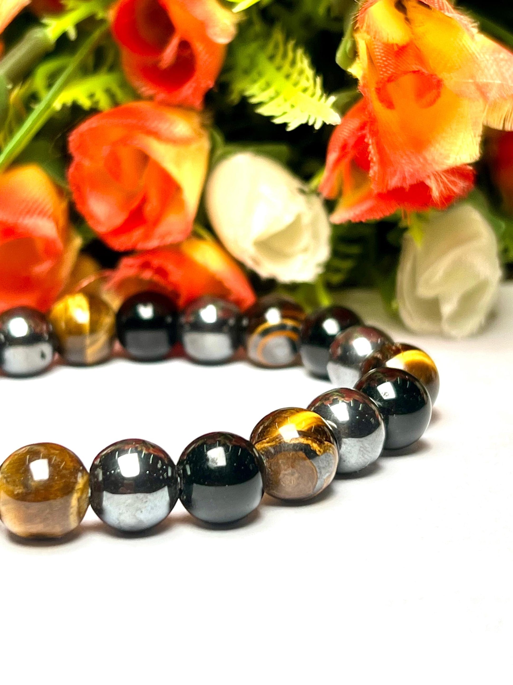 Men's TRIPLE Protection Stone Bracelet 10 mm Yellow Tiger's Eye , Hematite And Black Onyx