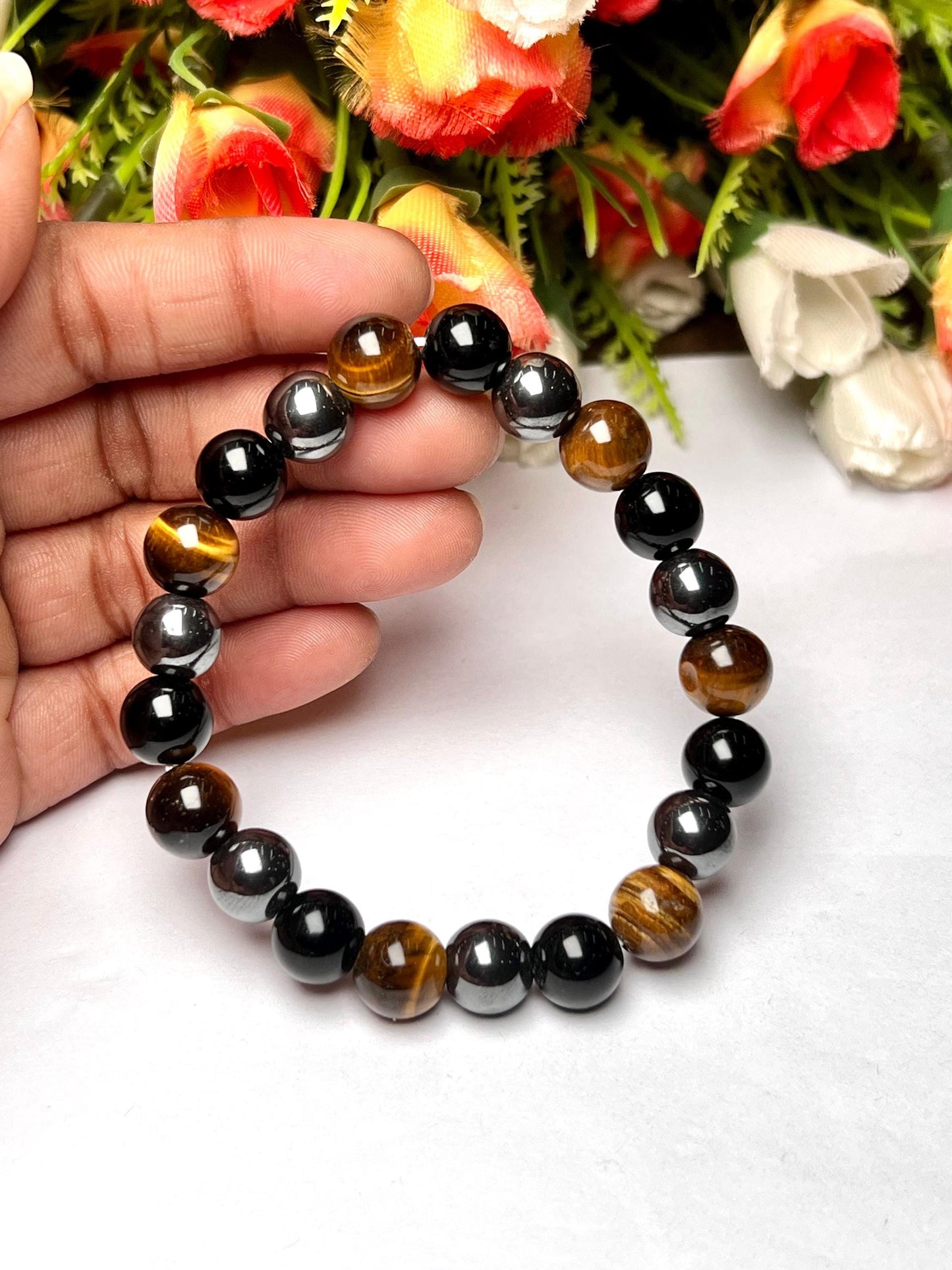 Men's TRIPLE Protection Stone Bracelet 10 mm Yellow Tiger's Eye , Hematite And Black Onyx