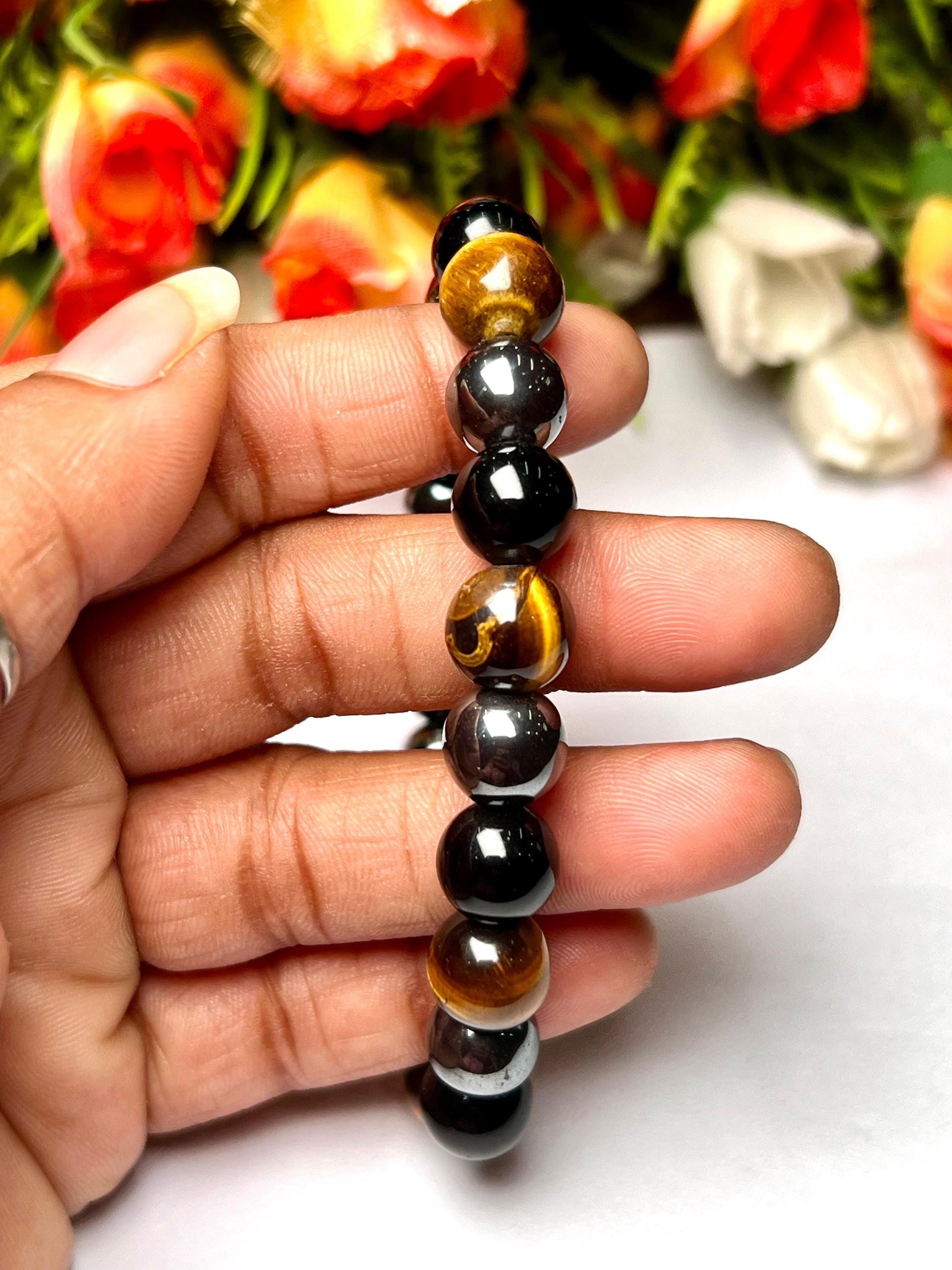 Men's TRIPLE Protection Stone Bracelet 10 mm Yellow Tiger's Eye , Hematite And Black Onyx