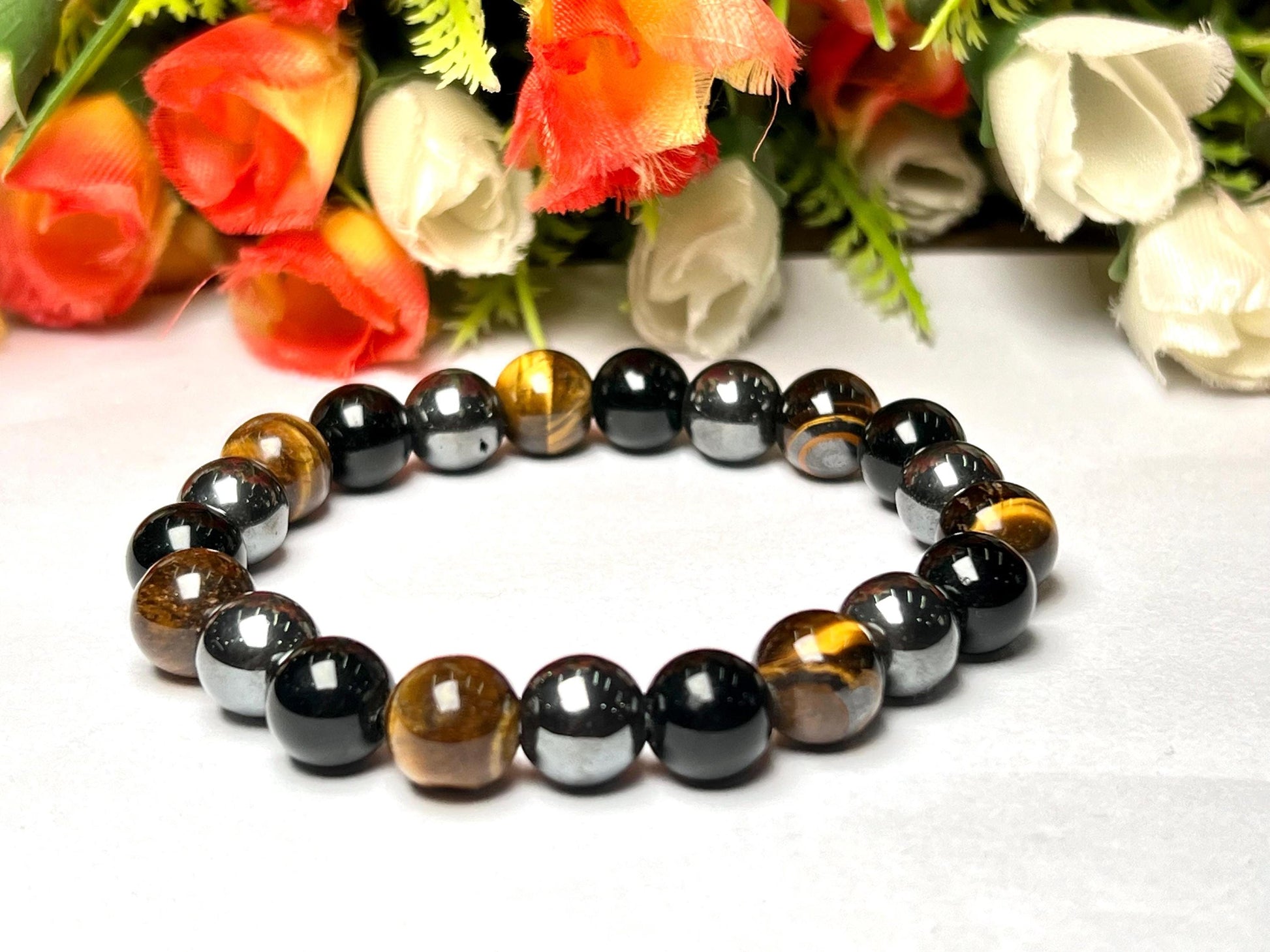 Men's TRIPLE Protection Stone Bracelet 10 mm Yellow Tiger's Eye , Hematite And Black Onyx