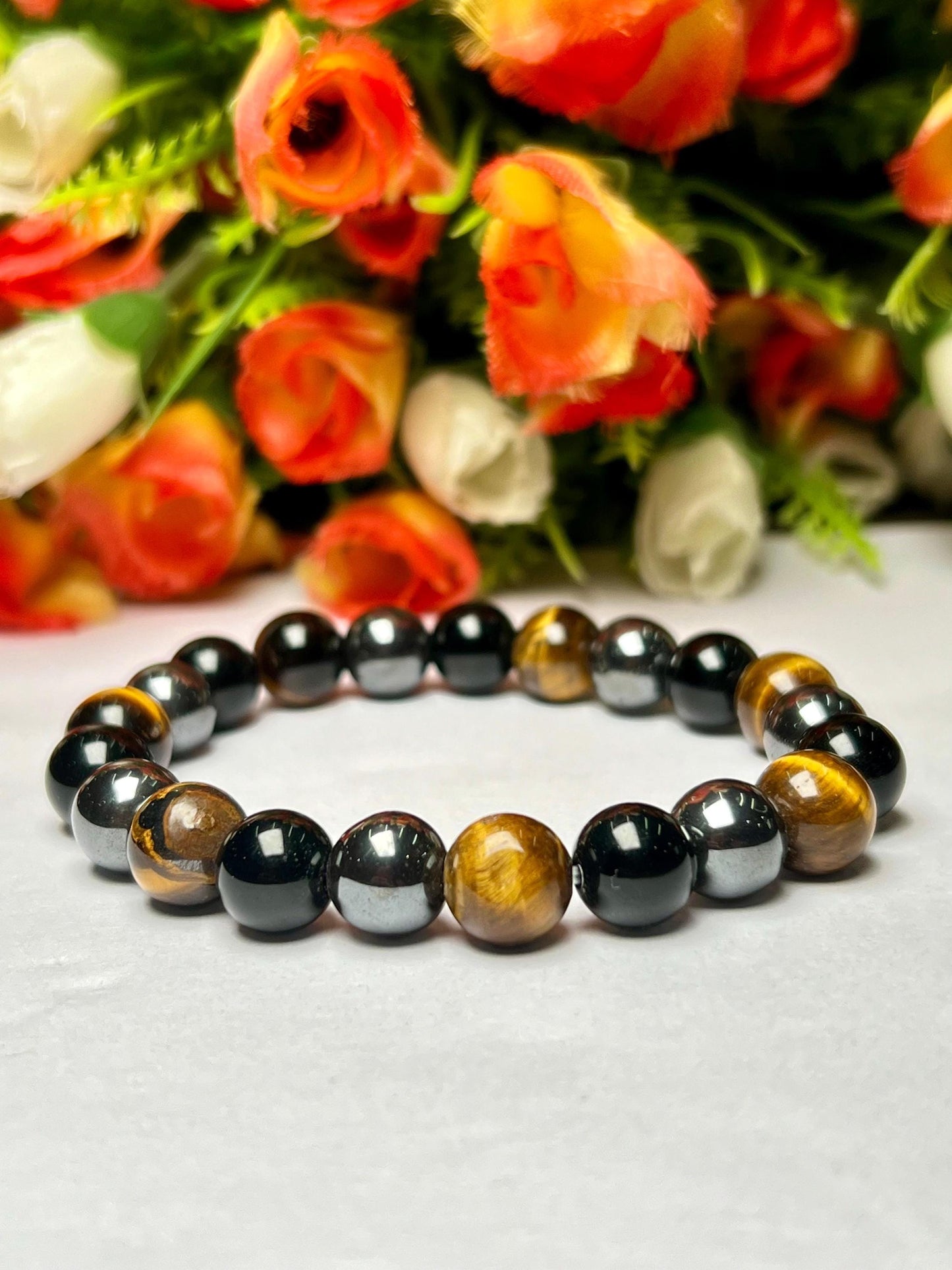 Men's TRIPLE Protection Stone Bracelet 10 mm Yellow Tiger's Eye , Hematite And Black Onyx