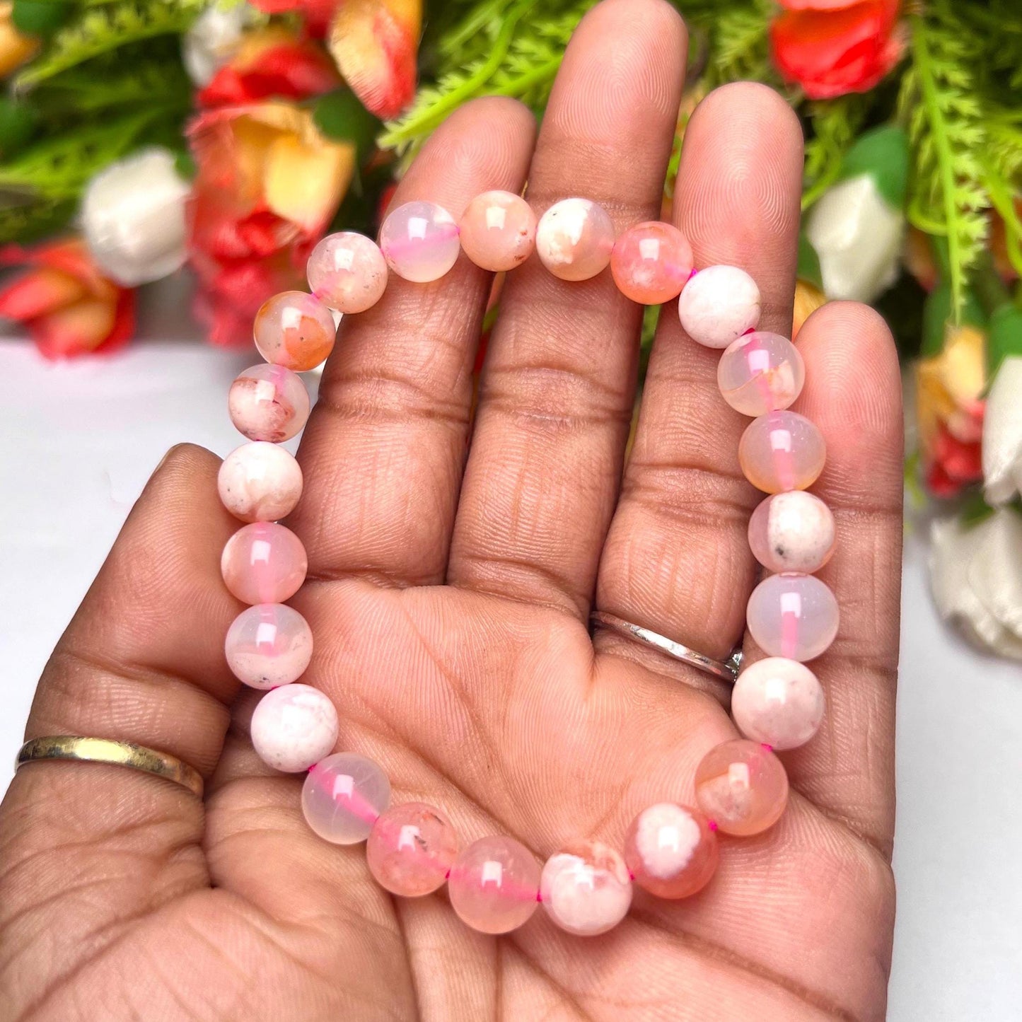 Pink Flower Agate Stone Bracelet l Stretchable Bracelet l Unisex Bracelet l 8 MM Bracelet