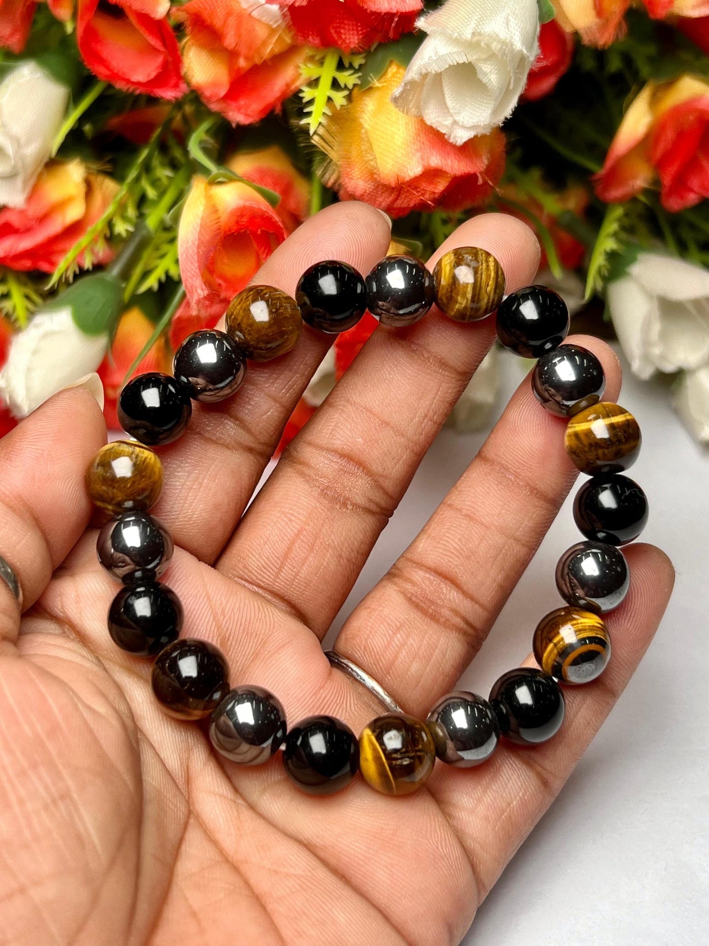 Men's TRIPLE Protection Stone Bracelet 10 mm Yellow Tiger's Eye , Hematite And Black Onyx