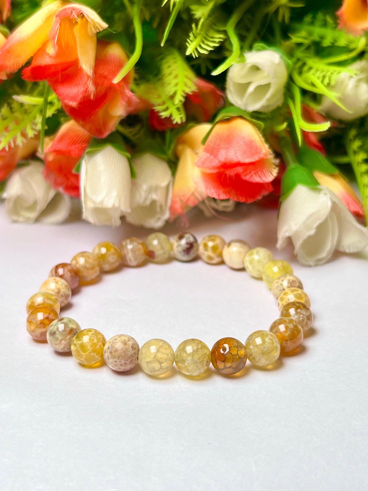 Yellow Fire Agate Stone Bracelet l Stretchable Bracelet l Unisex Bracelet l 8 MM Bracelet