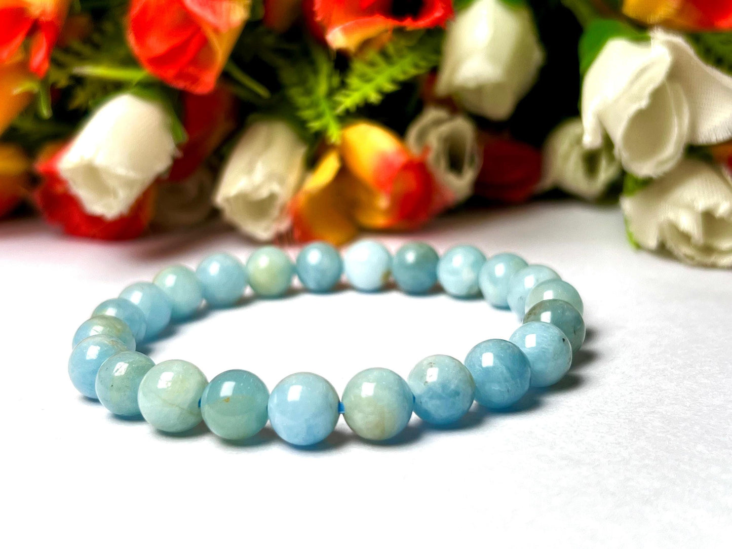 Aquamarine Stone Bracelet l Stretchable Bracelet l Unisex Bracelet l 8 MM Bracelet