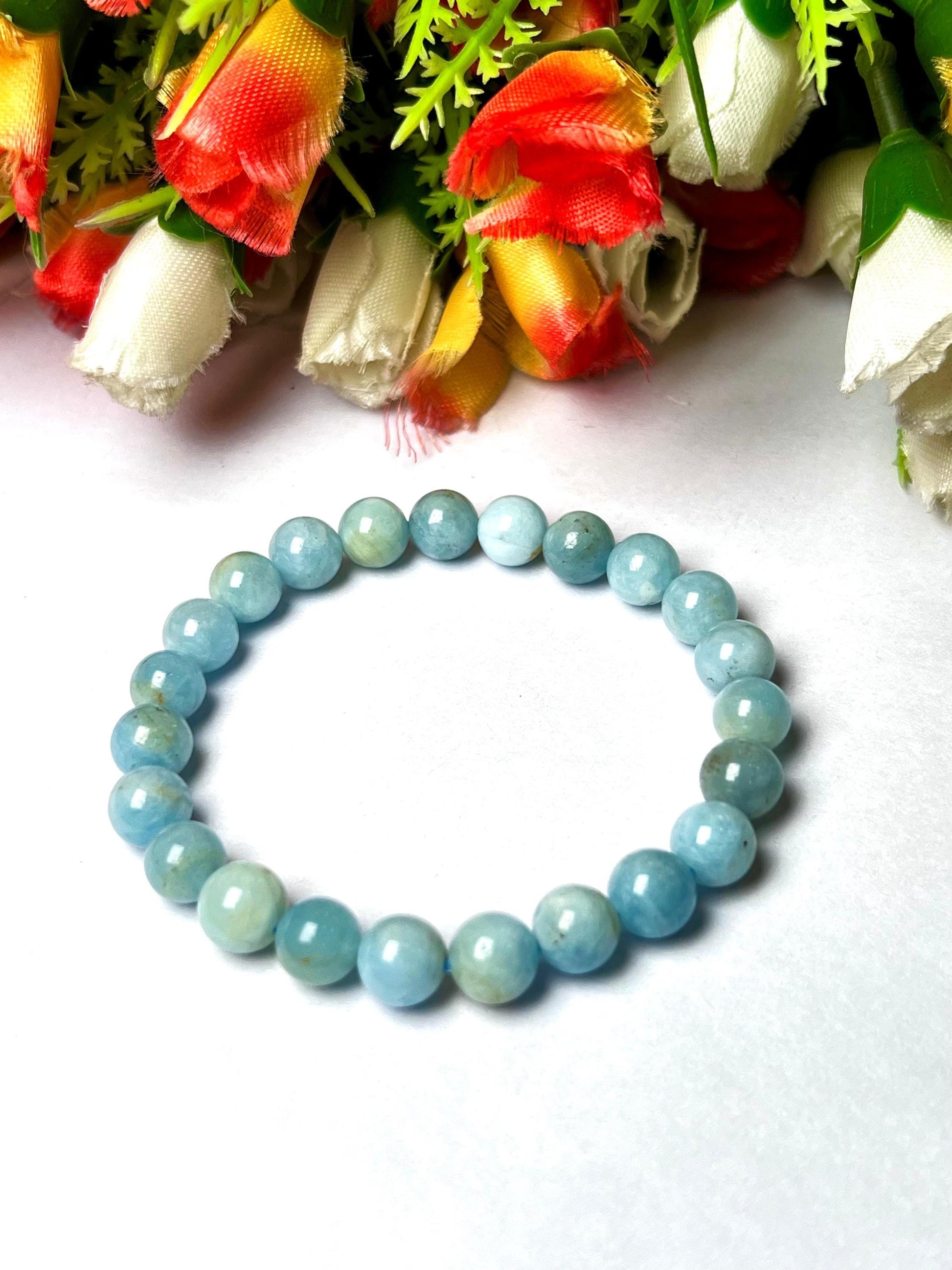 Aquamarine Stone Bracelet l Stretchable Bracelet l Unisex Bracelet l 8 MM Bracelet