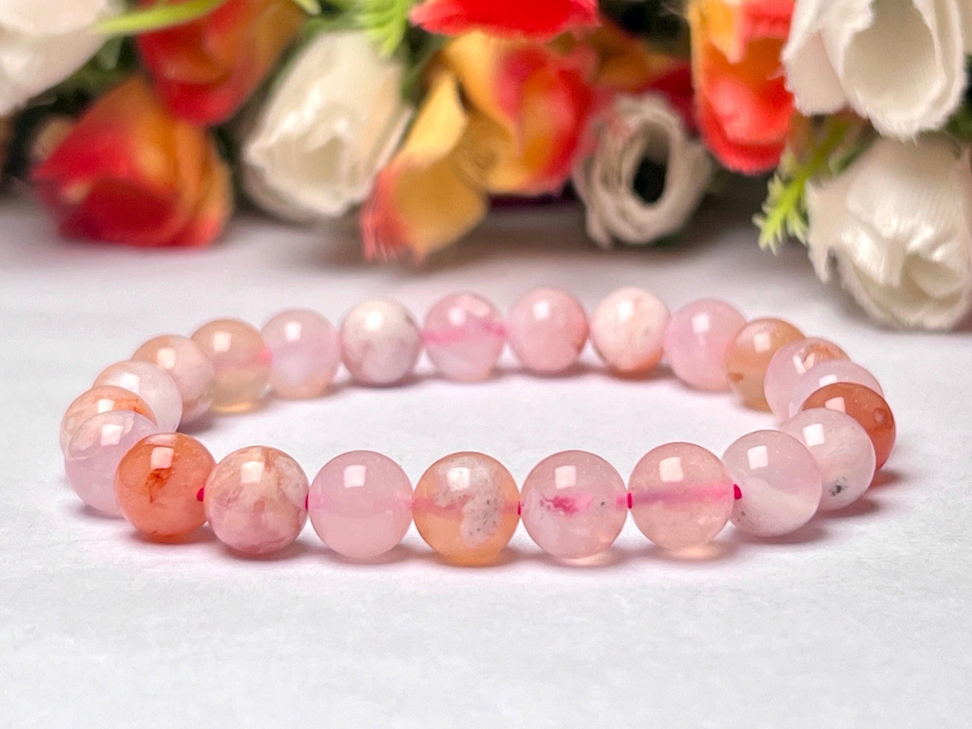 Pink Flower Agate Stone Bracelet l Stretchable Bracelet l Unisex Bracelet l 8 MM Bracelet