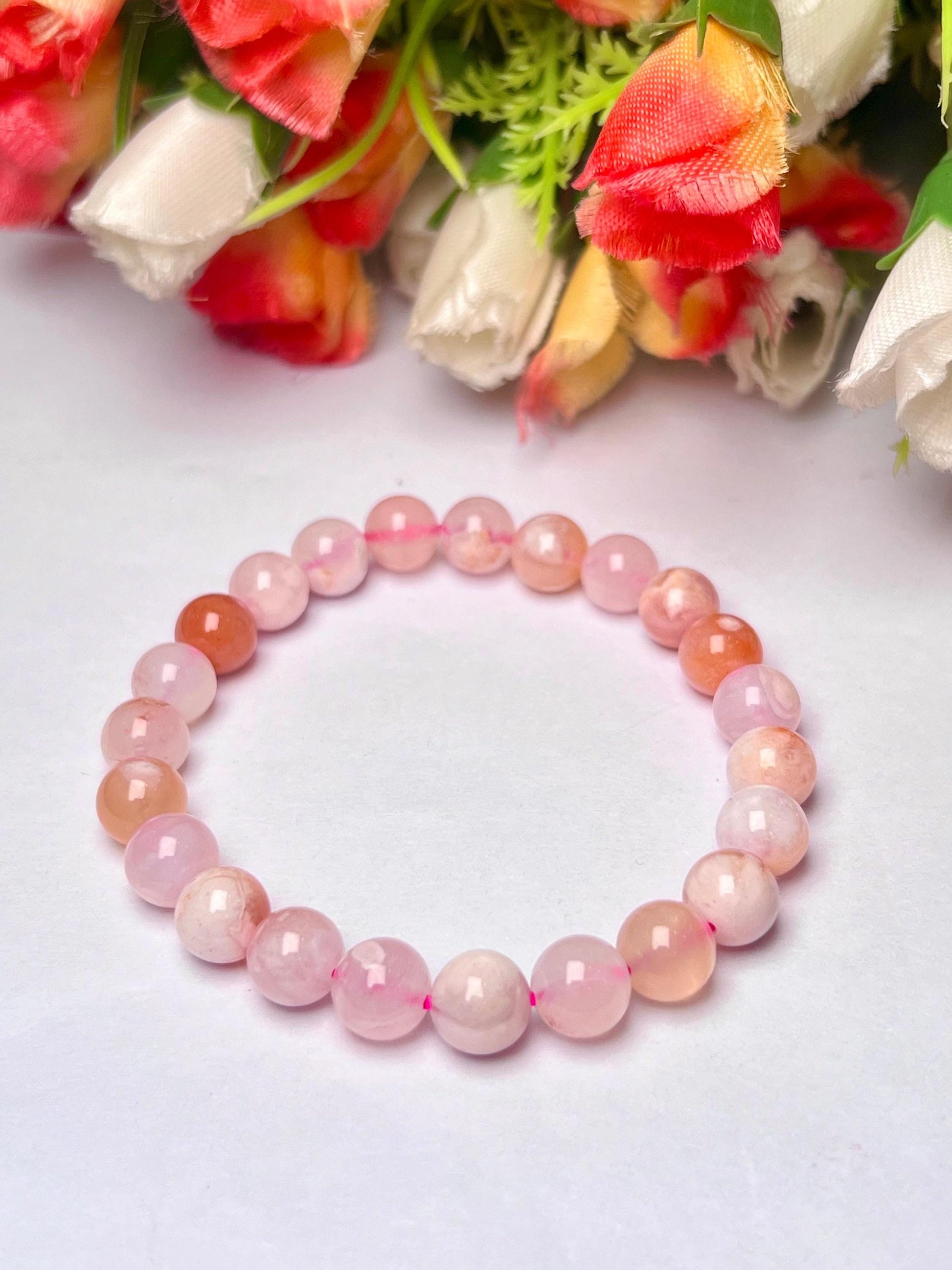 Pink Flower Agate Stone Bracelet l Stretchable Bracelet l Unisex Bracelet l 8 MM Bracelet