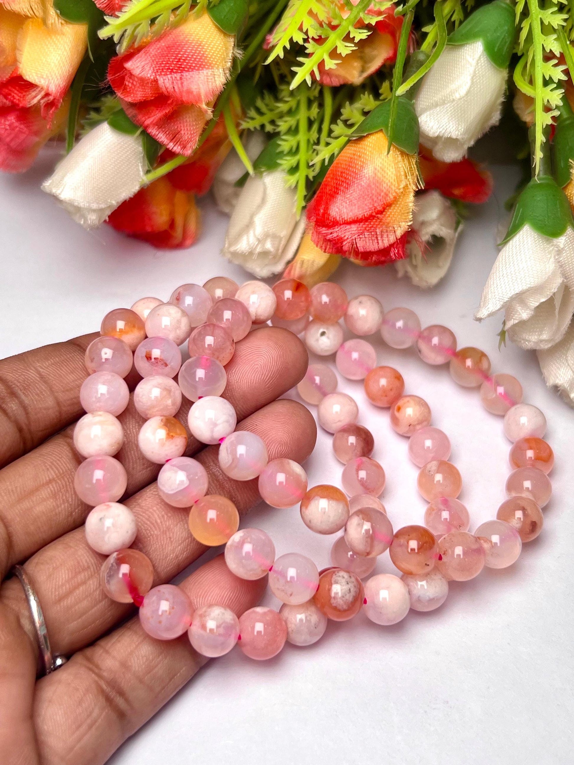 Pink Flower Agate Stone Bracelet l Stretchable Bracelet l Unisex Bracelet l 8 MM Bracelet