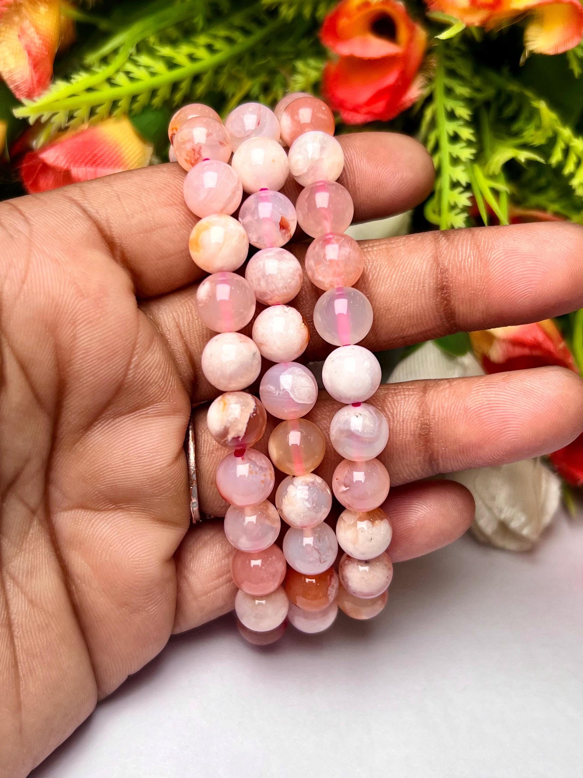 Pink Flower Agate Stone Bracelet l Stretchable Bracelet l Unisex Bracelet l 8 MM Bracelet