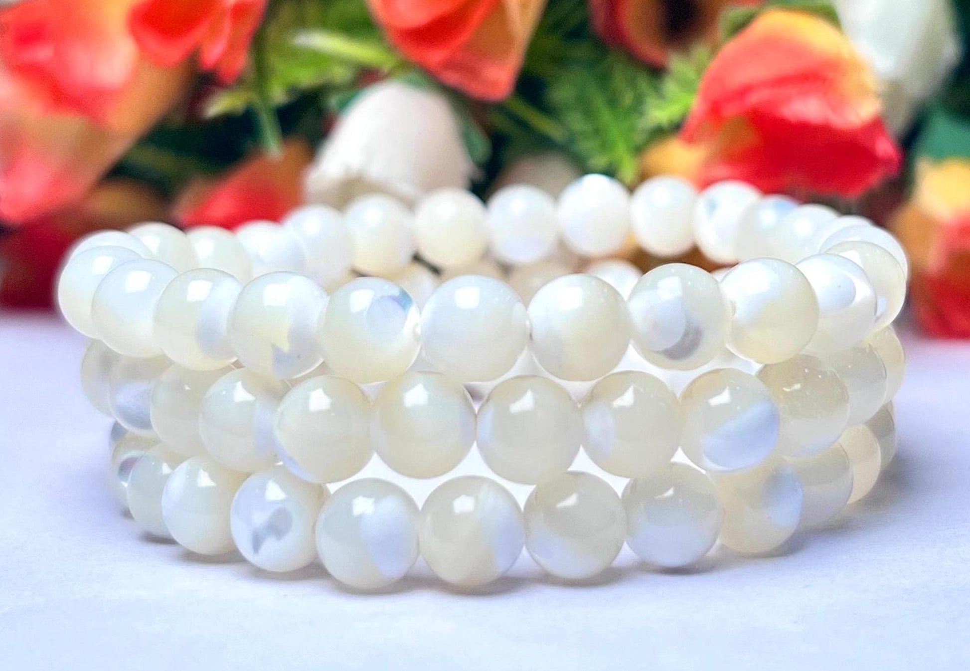 Mother of Pearl Stone Bracelet l Stretchable Bracelet l Unisex Bracelet l 8 MM Bracelet