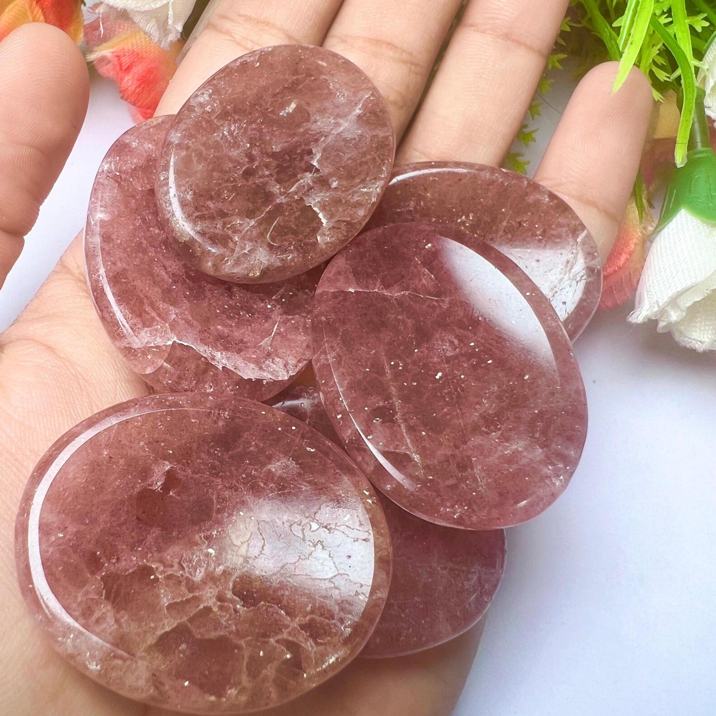 Strawberry Quartz Stone Worry Stone – Crystal Worry Stone – Pocket Stone – Healing Crystal - 4cmx3cm Thumb Stone One (1) Piece