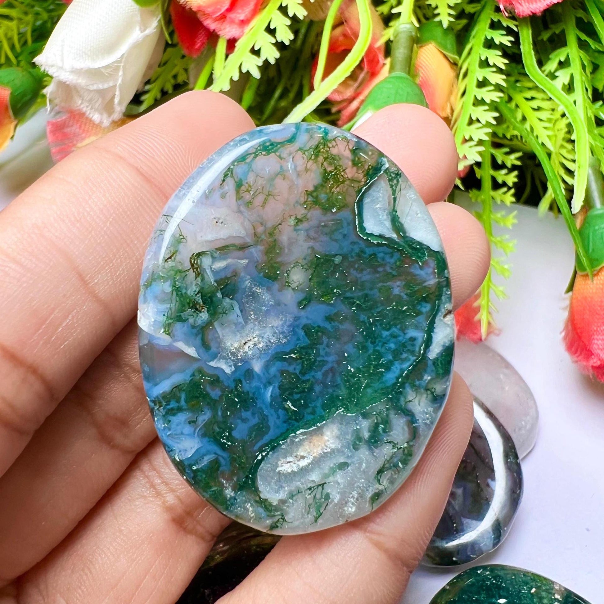 Moss Agate Stone Worry Stone – Crystal Worry Stone – Pocket Stone – Healing Crystal - 4cmx3cm Thumb Stone One (1) Piece