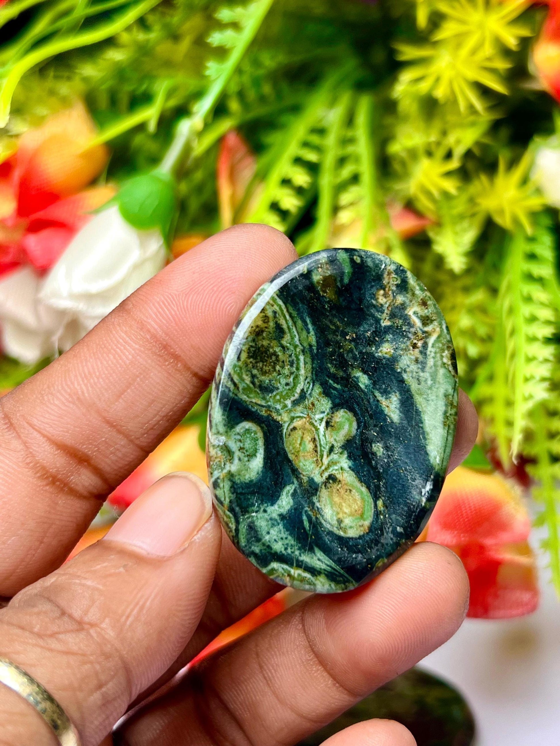 Kambaba Jasper Green Stromatolite Crocodile Jasper Galaxy Jasper, Amphibianite Stone Worry Stone – Pocket Stone – Thumb Stone One (1) Piece