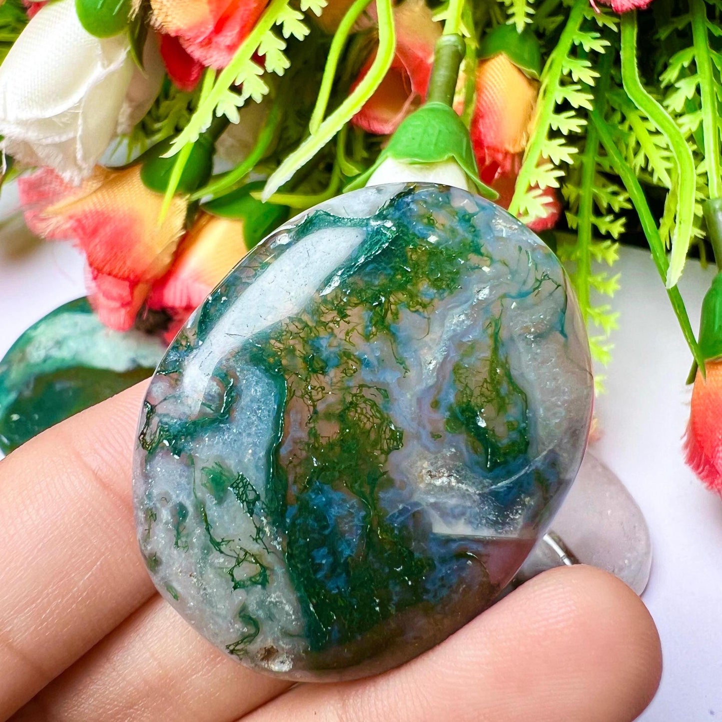 Moss Agate Stone Worry Stone – Crystal Worry Stone – Pocket Stone – Healing Crystal - 4cmx3cm Thumb Stone One (1) Piece