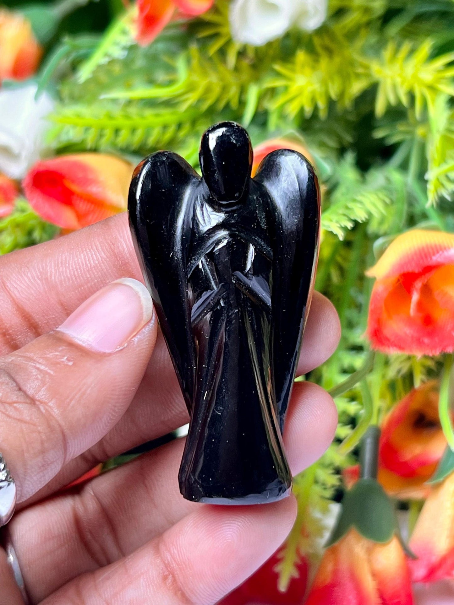 2" Black Obsidian Stone ANGEL (1) Piece Free standing guardian Angel crystal Reiki energy blessed hand carved Angelic connection