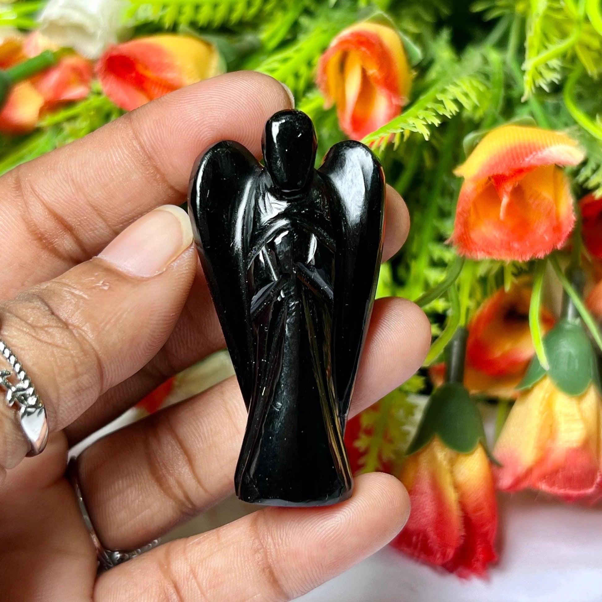 2" Black Obsidian Stone ANGEL (1) Piece Free standing guardian Angel crystal Reiki energy blessed hand carved Angelic connection