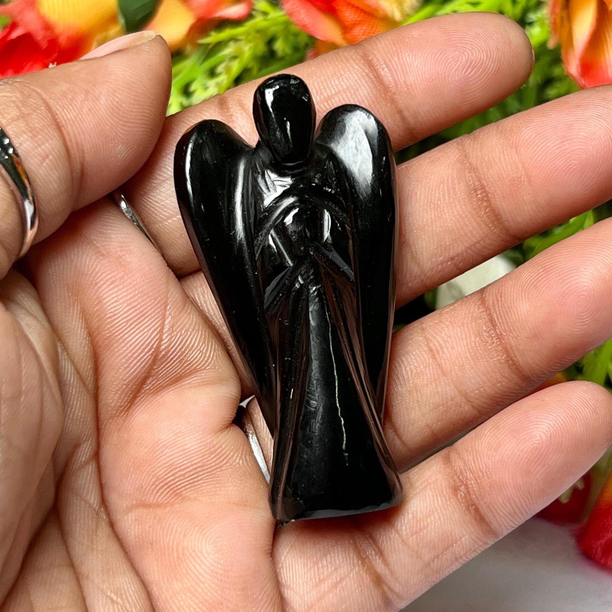 2" Black Obsidian Stone ANGEL (1) Piece Free standing guardian Angel crystal Reiki energy blessed hand carved Angelic connection