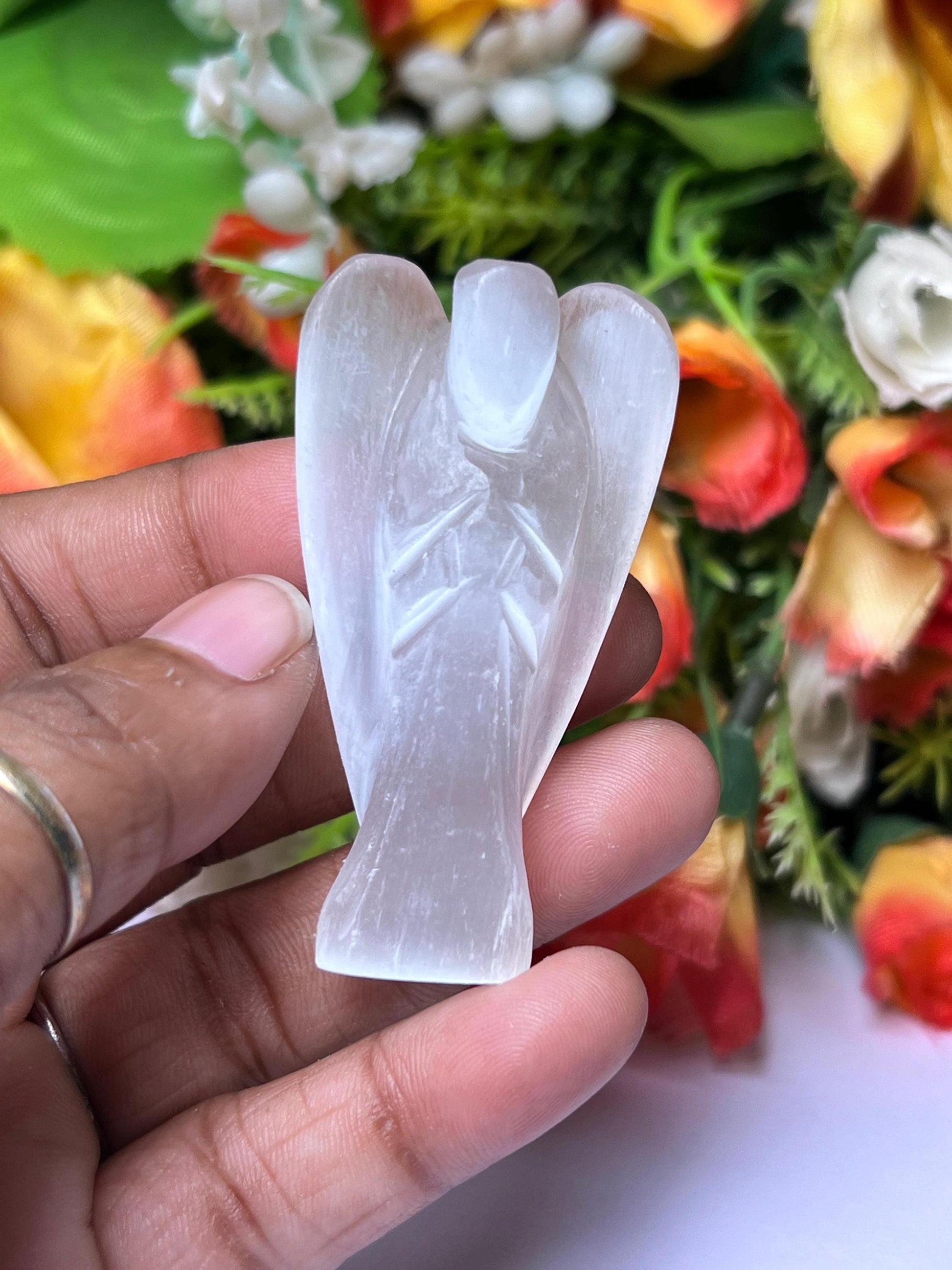 2"  Selenite Crystal Stone ANGEL One(1)Piece Free standing guardian Angel crystal Reiki energy blessed hand carved Angelic connection