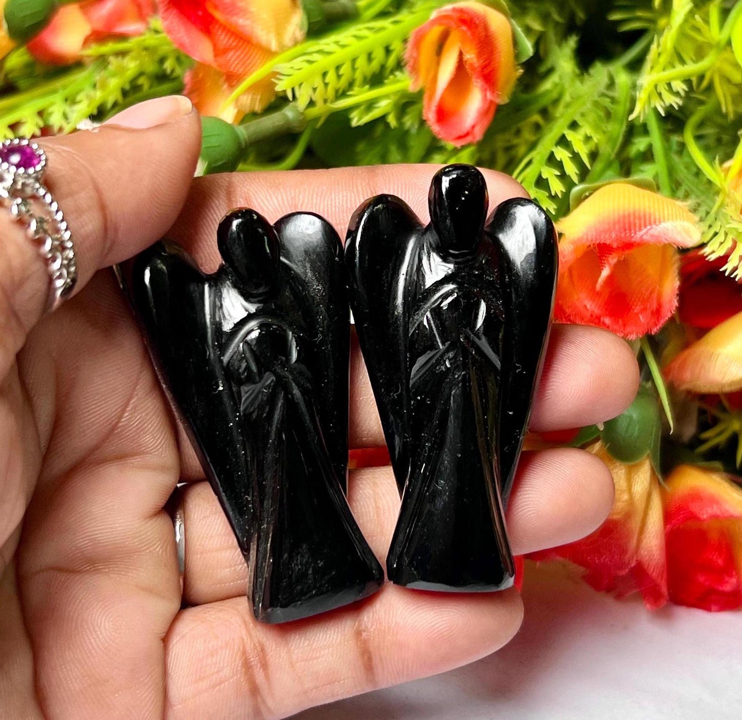 2" Black Obsidian Stone ANGEL (1) Piece Free standing guardian Angel crystal Reiki energy blessed hand carved Angelic connection