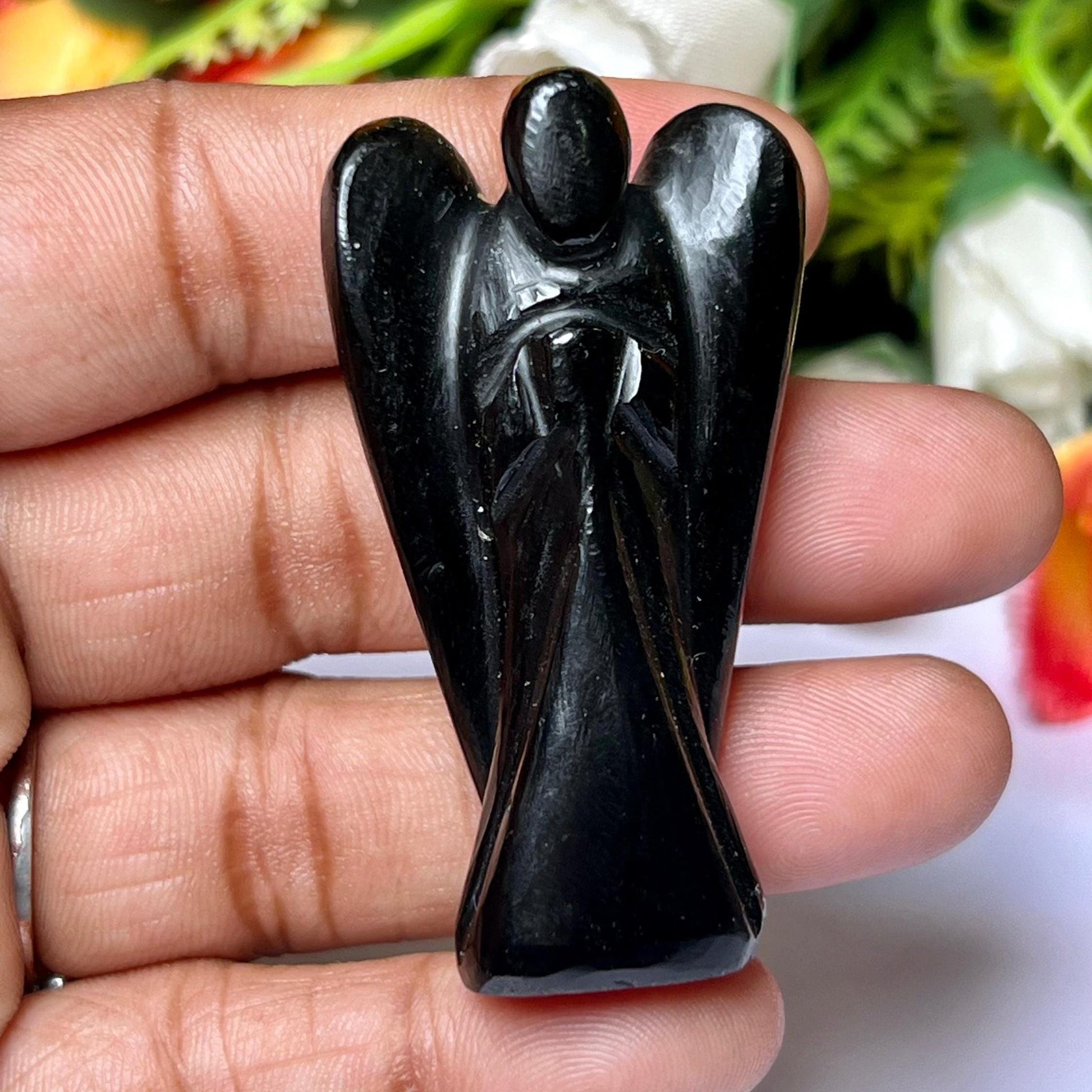 2" Black Obsidian Stone ANGEL (1) Piece Free standing guardian Angel crystal Reiki energy blessed hand carved Angelic connection