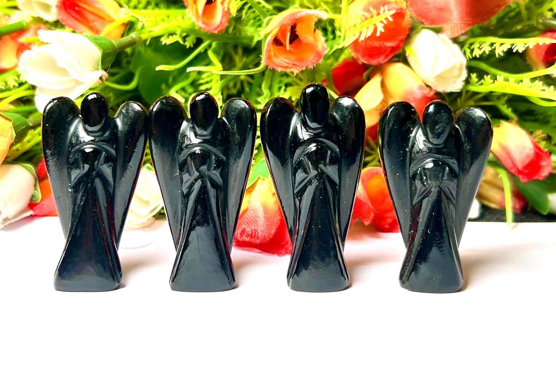 2" Black Obsidian Stone ANGEL (1) Piece Free standing guardian Angel crystal Reiki energy blessed hand carved Angelic connection