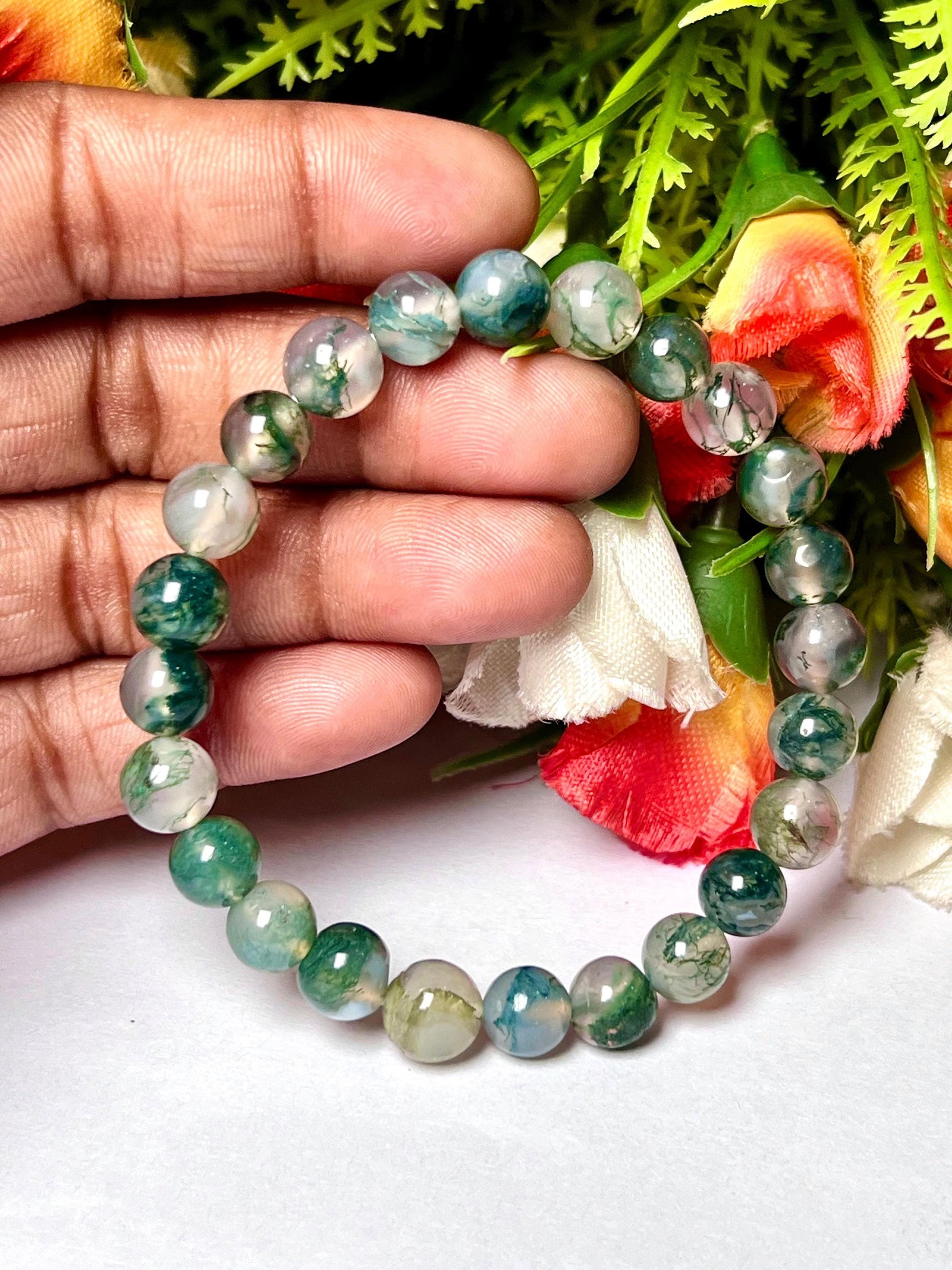 Moss Agate Stone Bracelet l Stretchable Bracelet l Unisex Bracelet l 8 MM Bracelet