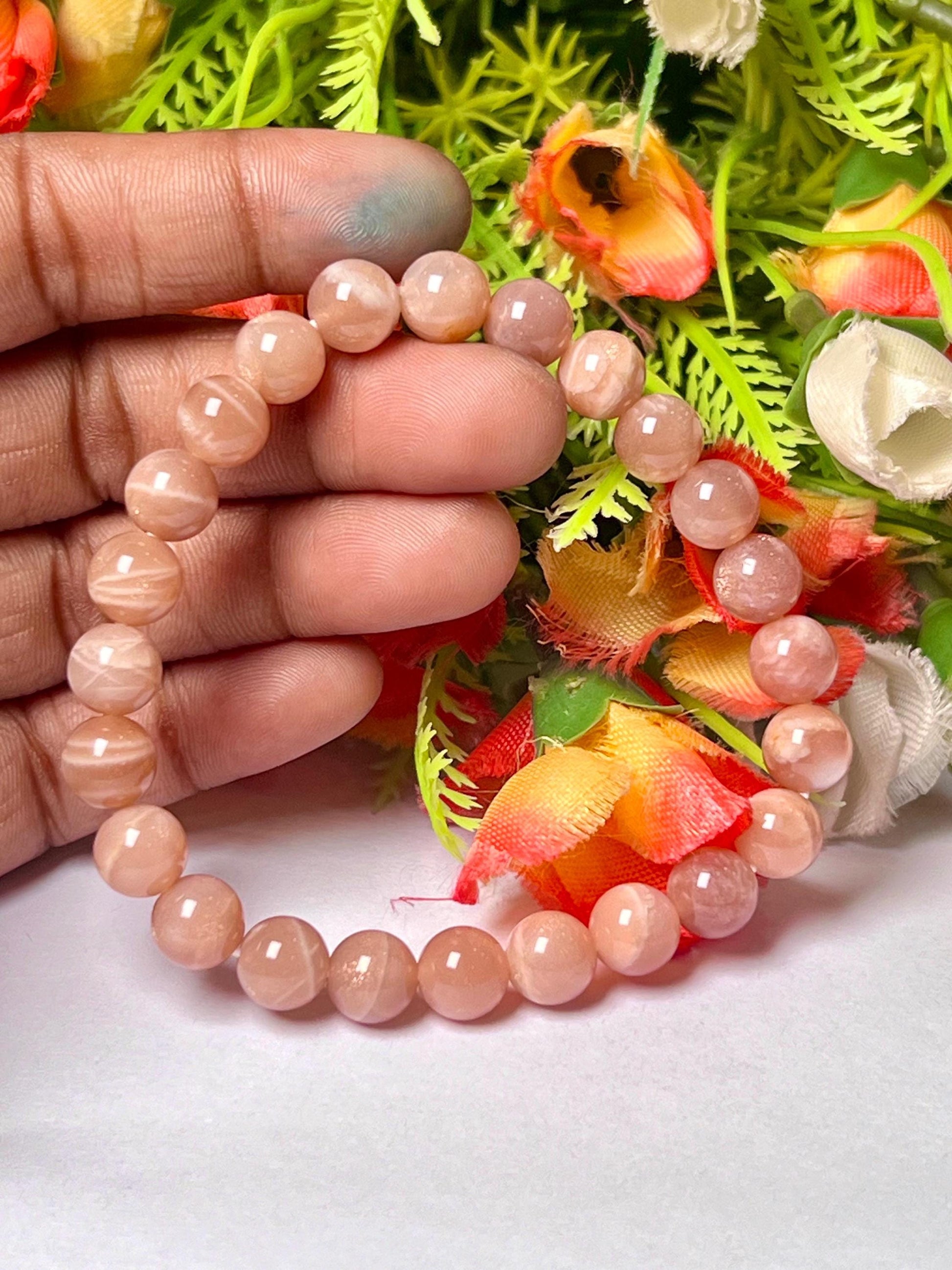 Peach Moonstone Stone Bracelet l Stretchable Bracelet l Unisex Bracelet l 8 MM Bracelet