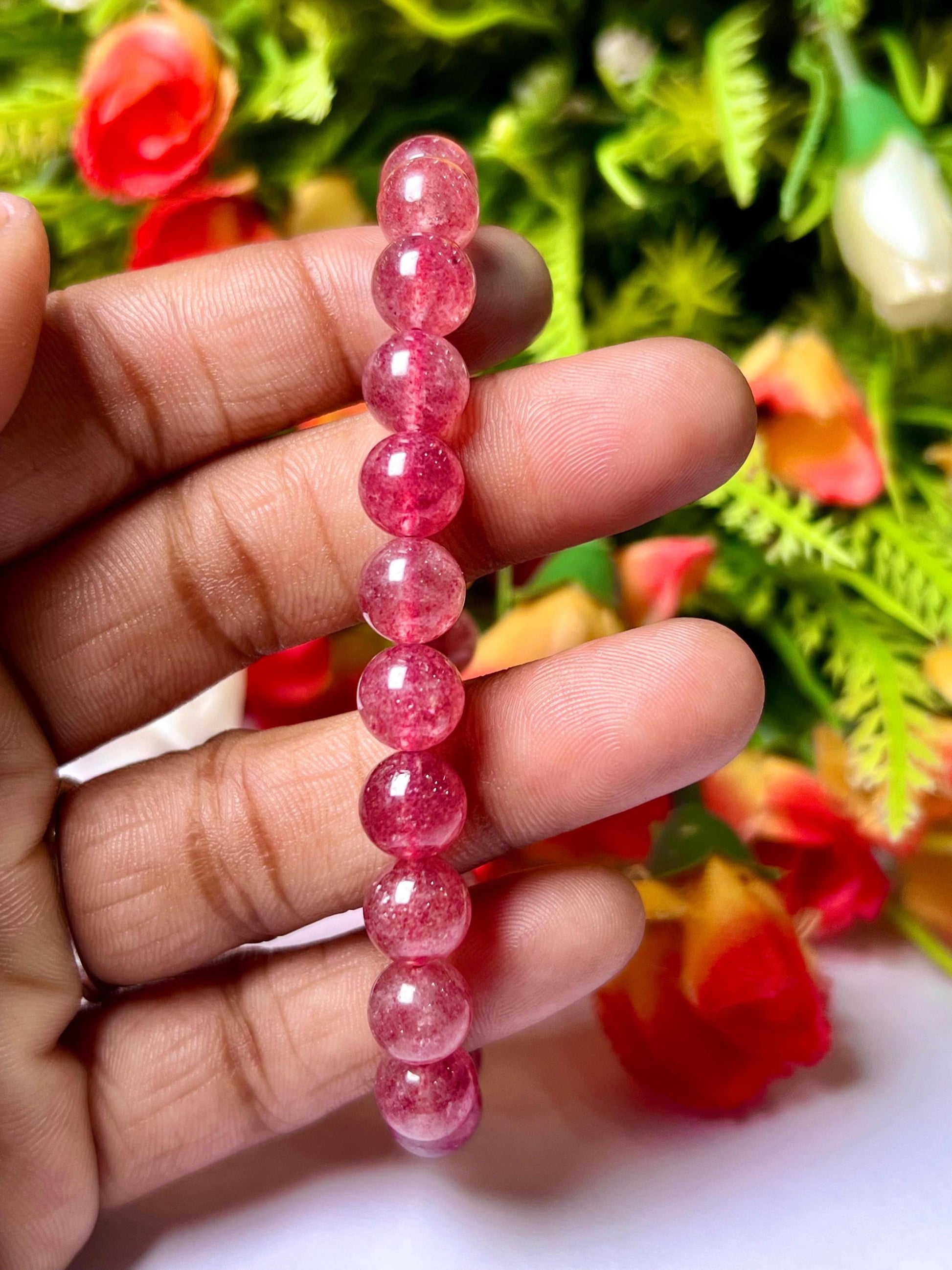 Strawberry Quartz Stone Bracelet l Stretchable Bracelet l Unisex Bracelet l 8 MM Bracelet