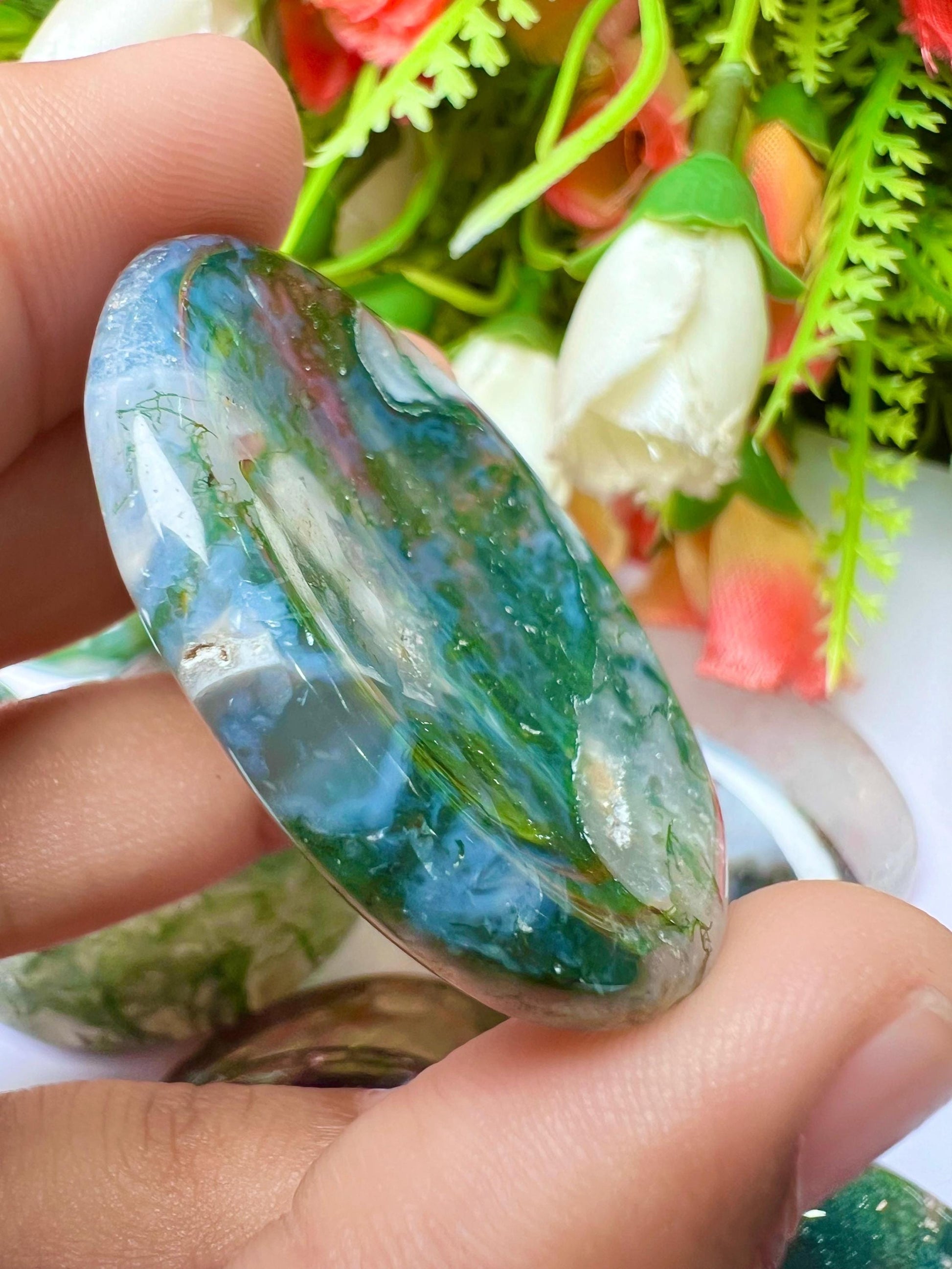 Moss Agate Stone Worry Stone – Crystal Worry Stone – Pocket Stone – Healing Crystal - 4cmx3cm Thumb Stone One (1) Piece