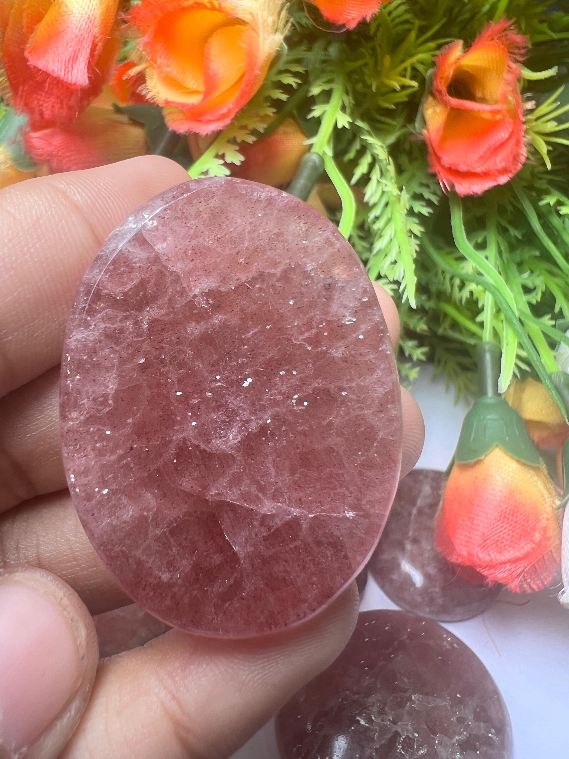 Strawberry Quartz Stone Worry Stone – Crystal Worry Stone – Pocket Stone – Healing Crystal - 4cmx3cm Thumb Stone One (1) Piece