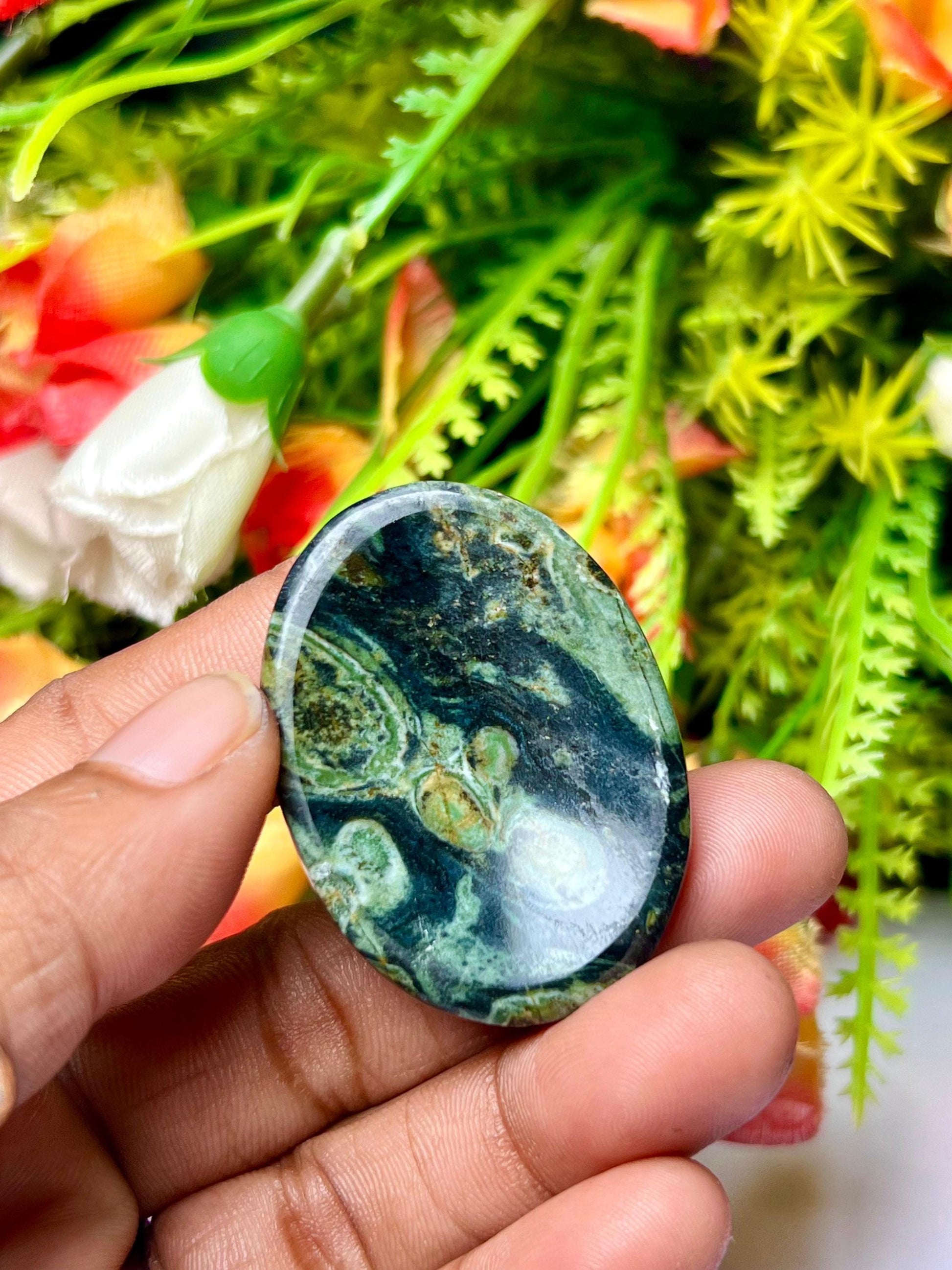 Kambaba Jasper Green Stromatolite Crocodile Jasper Galaxy Jasper, Amphibianite Stone Worry Stone – Pocket Stone – Thumb Stone One (1) Piece