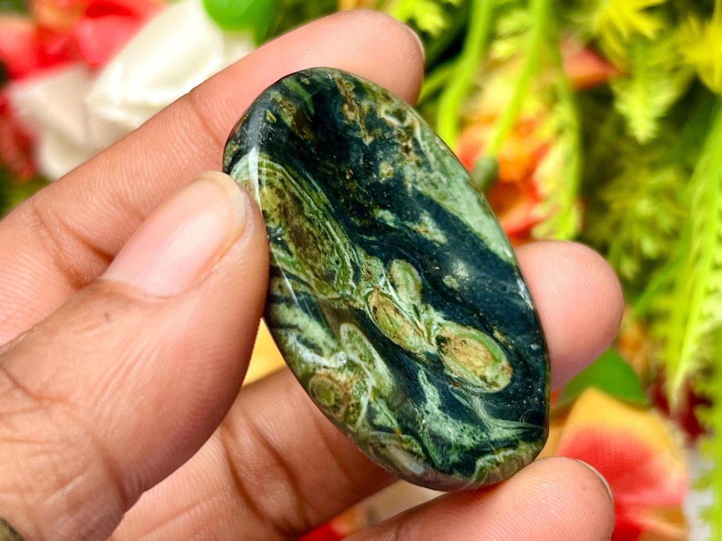 Kambaba Jasper Green Stromatolite Crocodile Jasper Galaxy Jasper, Amphibianite Stone Worry Stone – Pocket Stone – Thumb Stone One (1) Piece