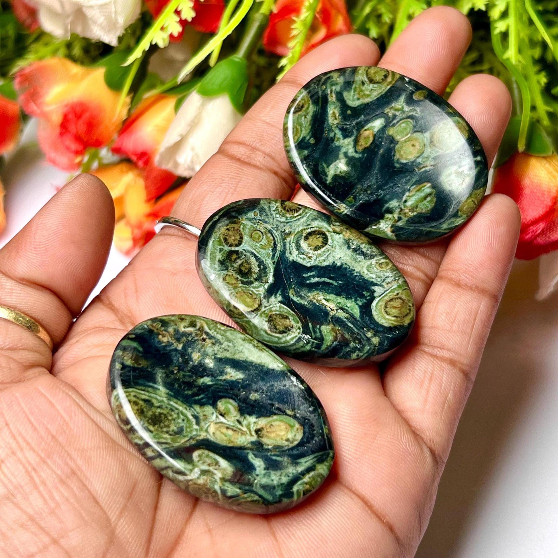 Kambaba Jasper Green Stromatolite Crocodile Jasper Galaxy Jasper, Amphibianite Stone Worry Stone – Pocket Stone – Thumb Stone One (1) Piece